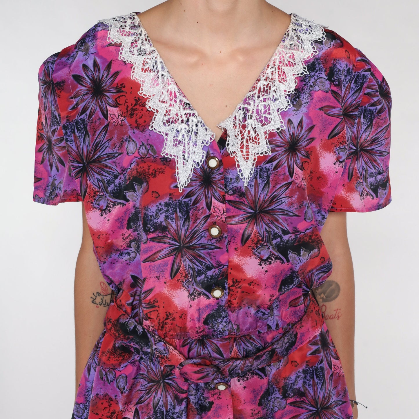 80s Floral Midi Dress Pink Purple Lace Collar Peplum Button-Up Medium