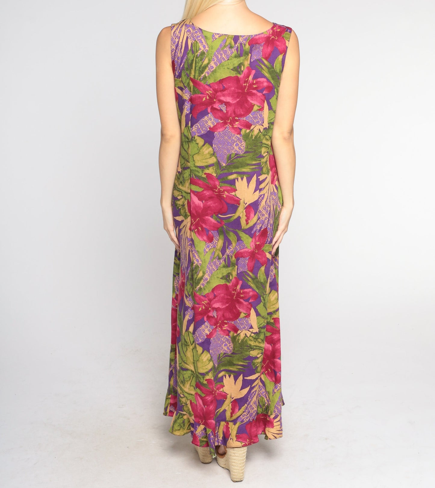 Y2K Purple Tropical Floral Maxi Dress Hibiscus Leaf Print Sleeveless Medium Large
