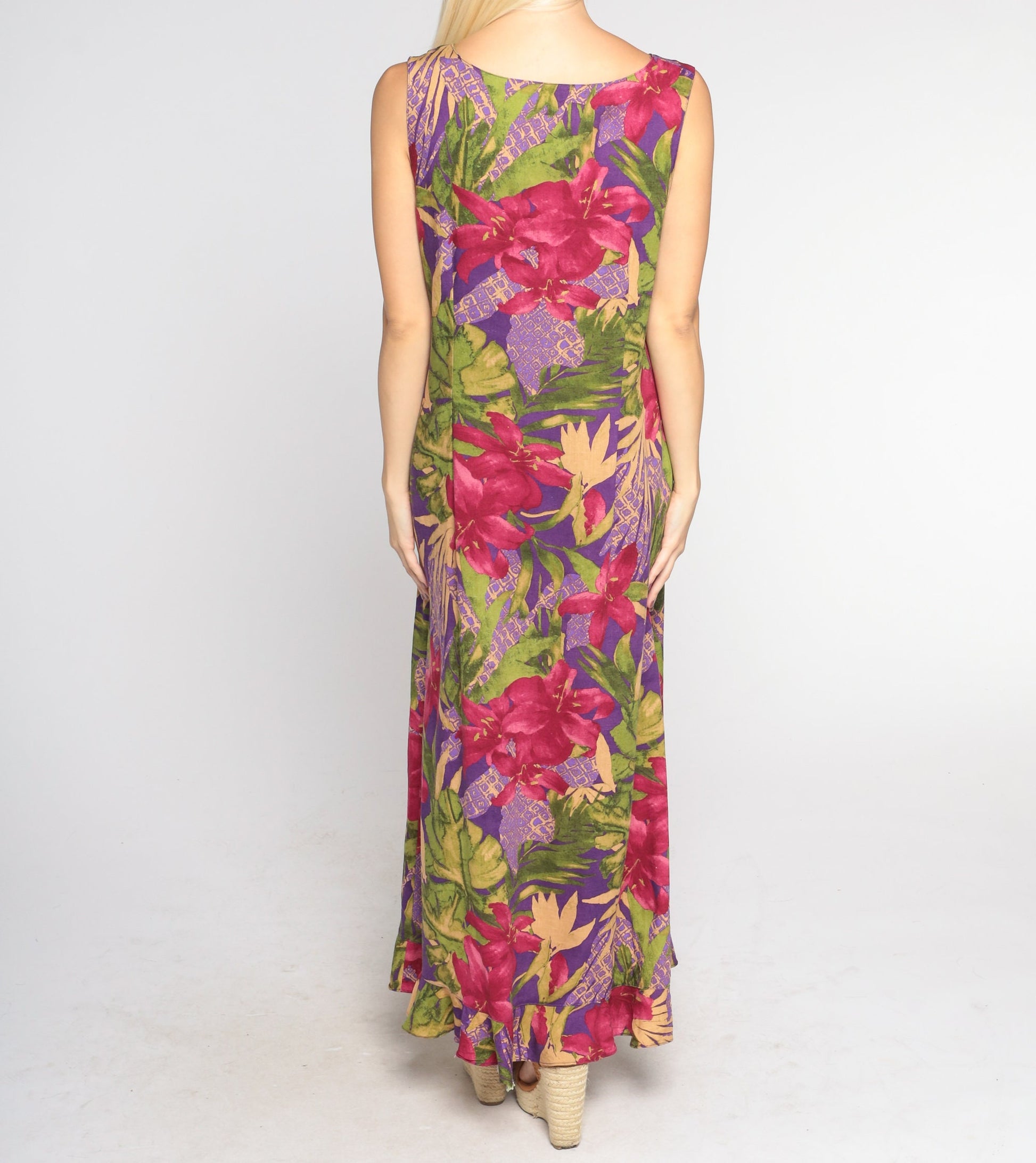 Y2K Purple Tropical Floral Maxi Dress Hibiscus Leaf Print Sleeveless Medium Large