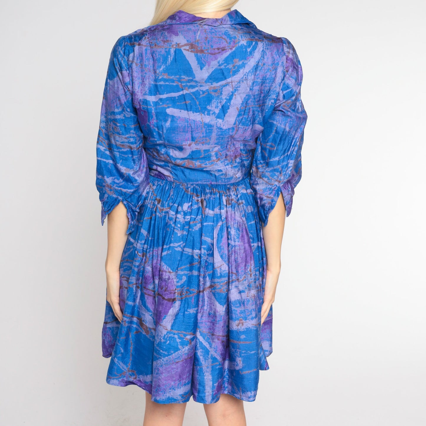 60s Blue Purple Silk Marble Mini Dress Collared Button-Up Shirtwaist Extra Small