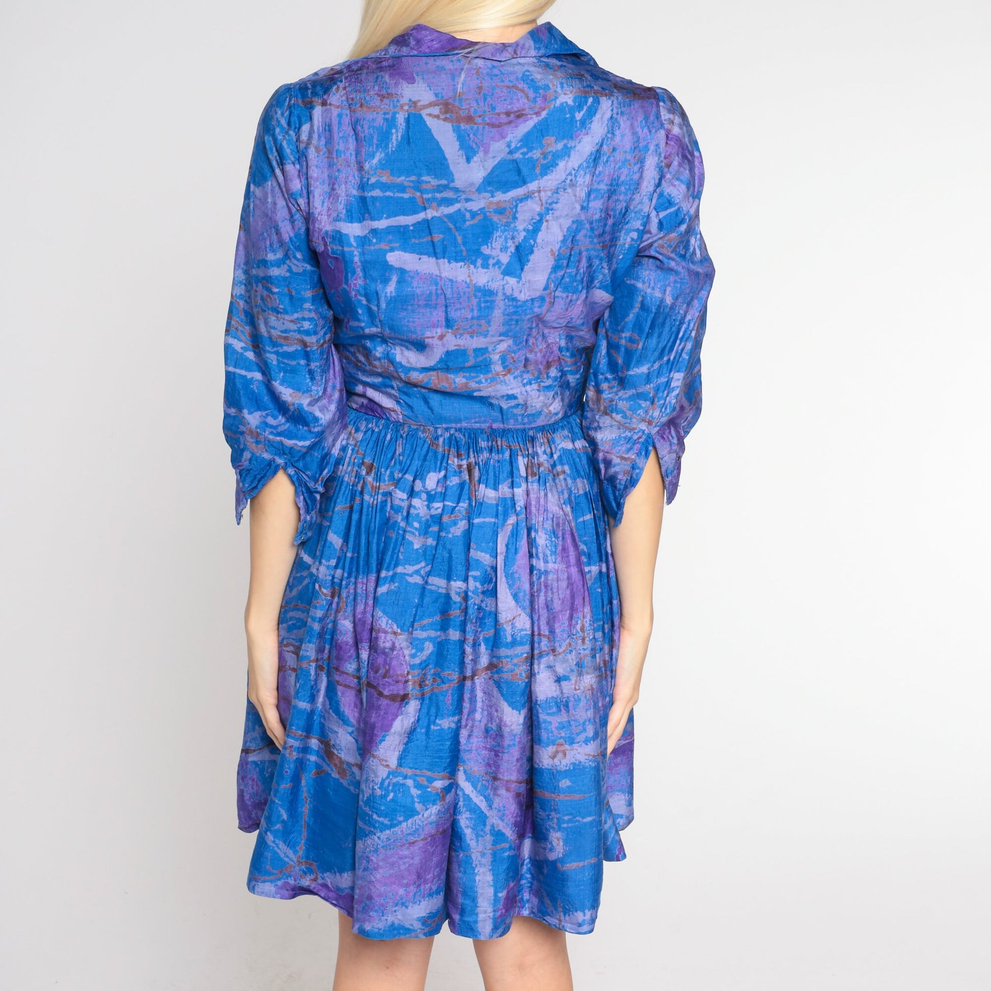 60s Blue Purple Silk Marble Mini Dress Collared Button-Up Shirtwaist Extra Small