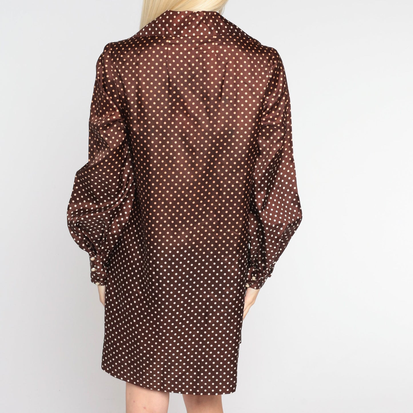 70s Brown Polka Dot Shift Dress Wing Collar Balloon Sleeve Mini Small S