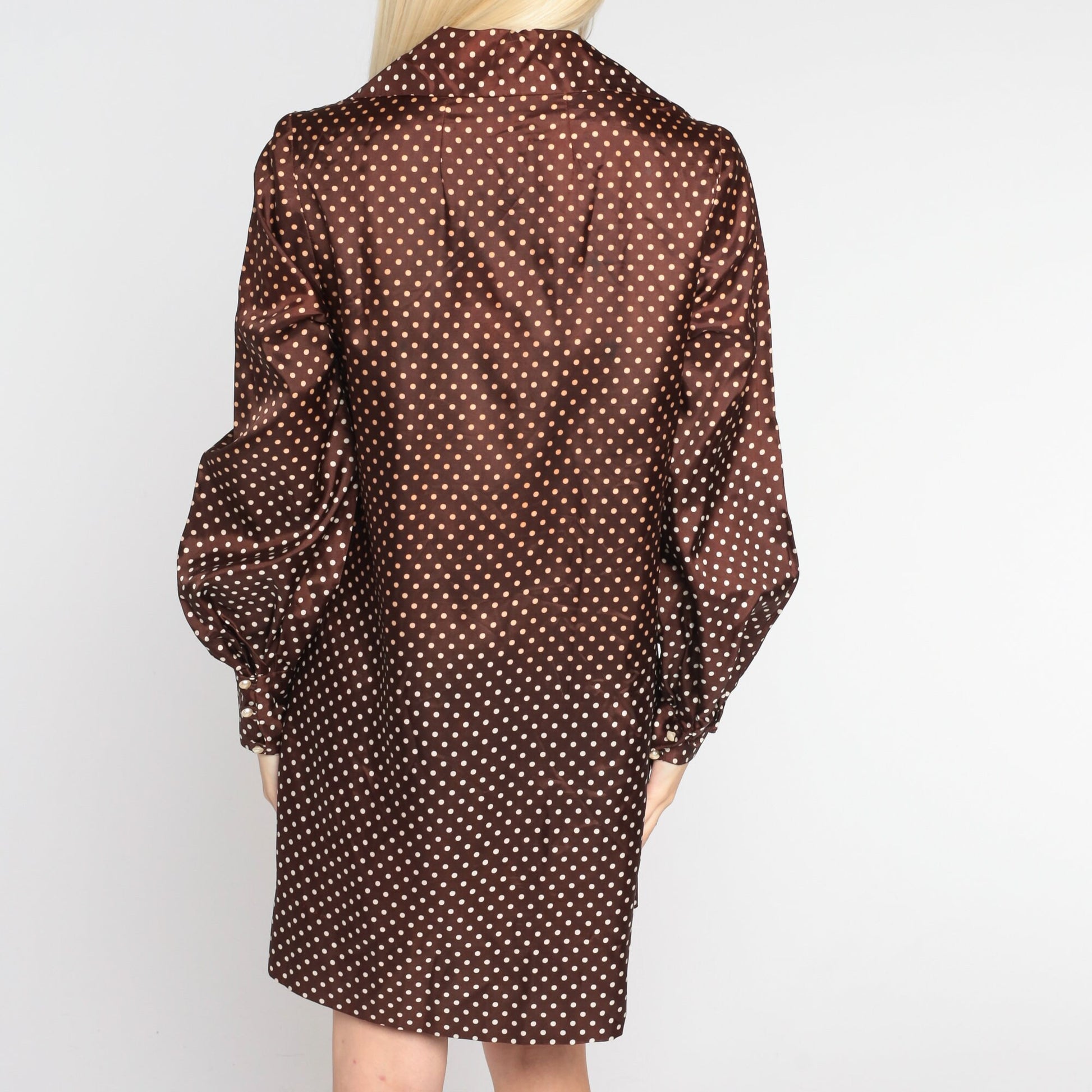 70s Brown Polka Dot Shift Dress Wing Collar Balloon Sleeve Mini Small S
