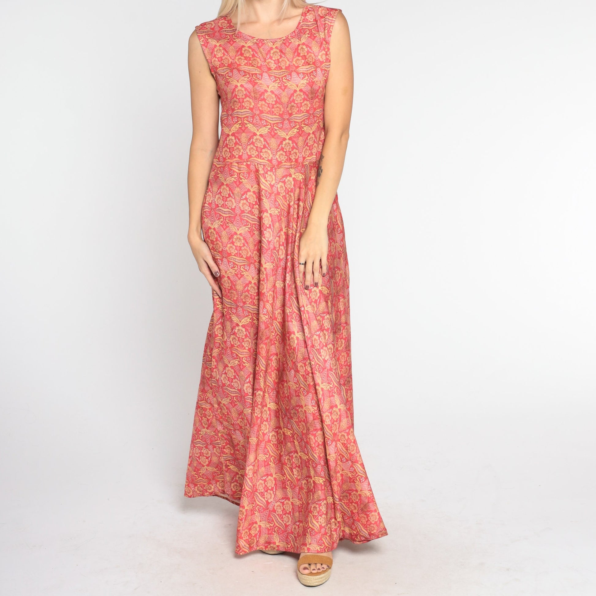 00s Red Gold Floral Maxi Dress Sleeveless High Waist Flared Skirt Medium