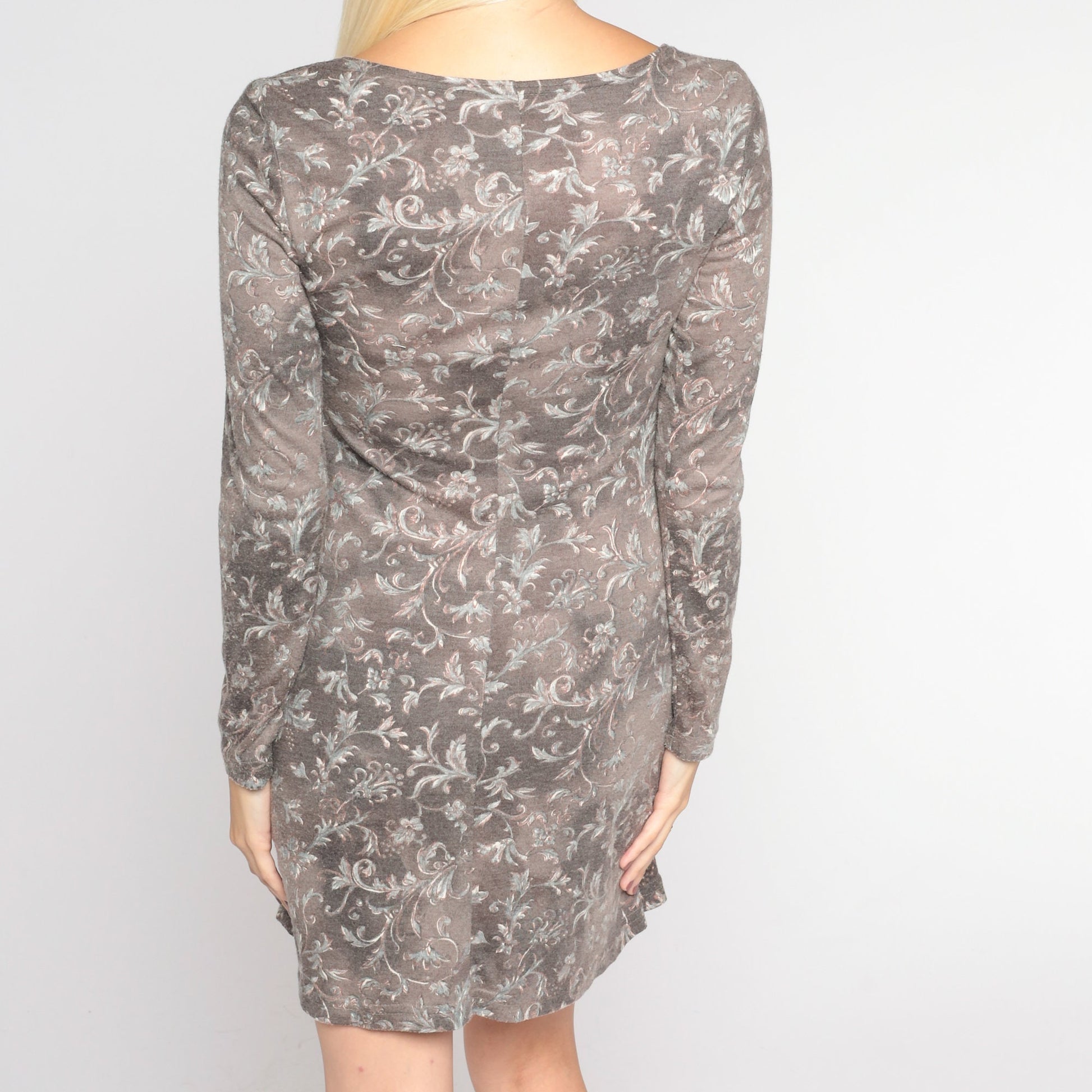90s All That Jazz Grey Cloud Tie Dye Floral Mini Dress Long Sleeve Small