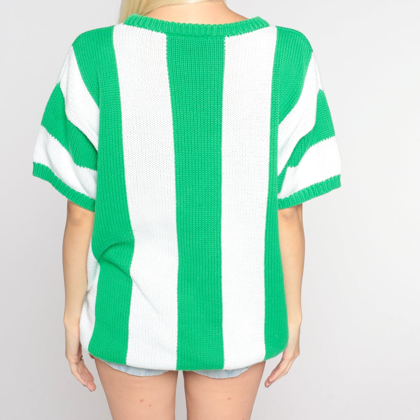 90s Liz Claiborne Striped Knit Sweater Top White Green Short Sleeve Small
