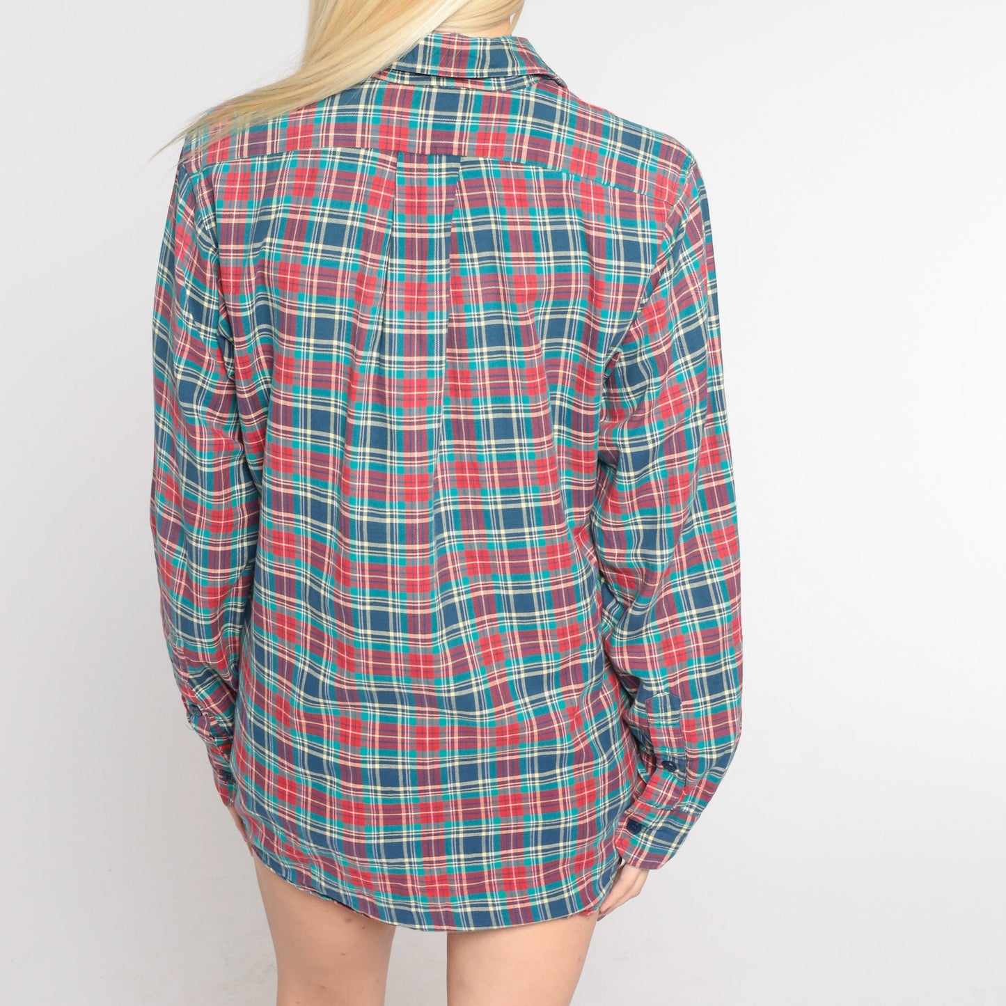 80s Blue Red Plaid Cotton Button-Up Shirt Long Sleeve Collared Small