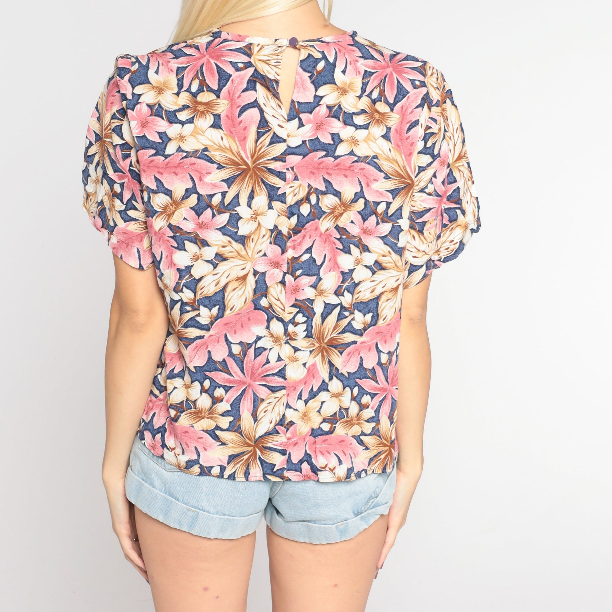 00s Tropical Floral Rayon Blouse Blue Flower Leaf Print Short Sleeve Medium