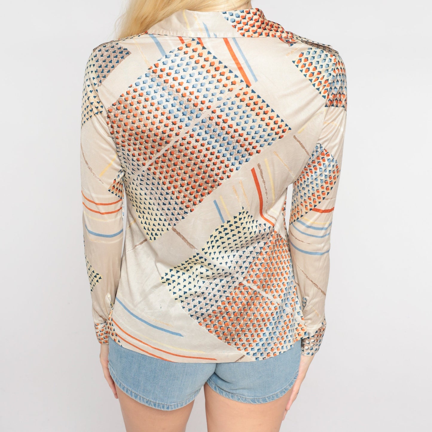 70s Abstract Dot Stripe Button Up Blouse Dagger Collar Beige Blue Orange Extra Small