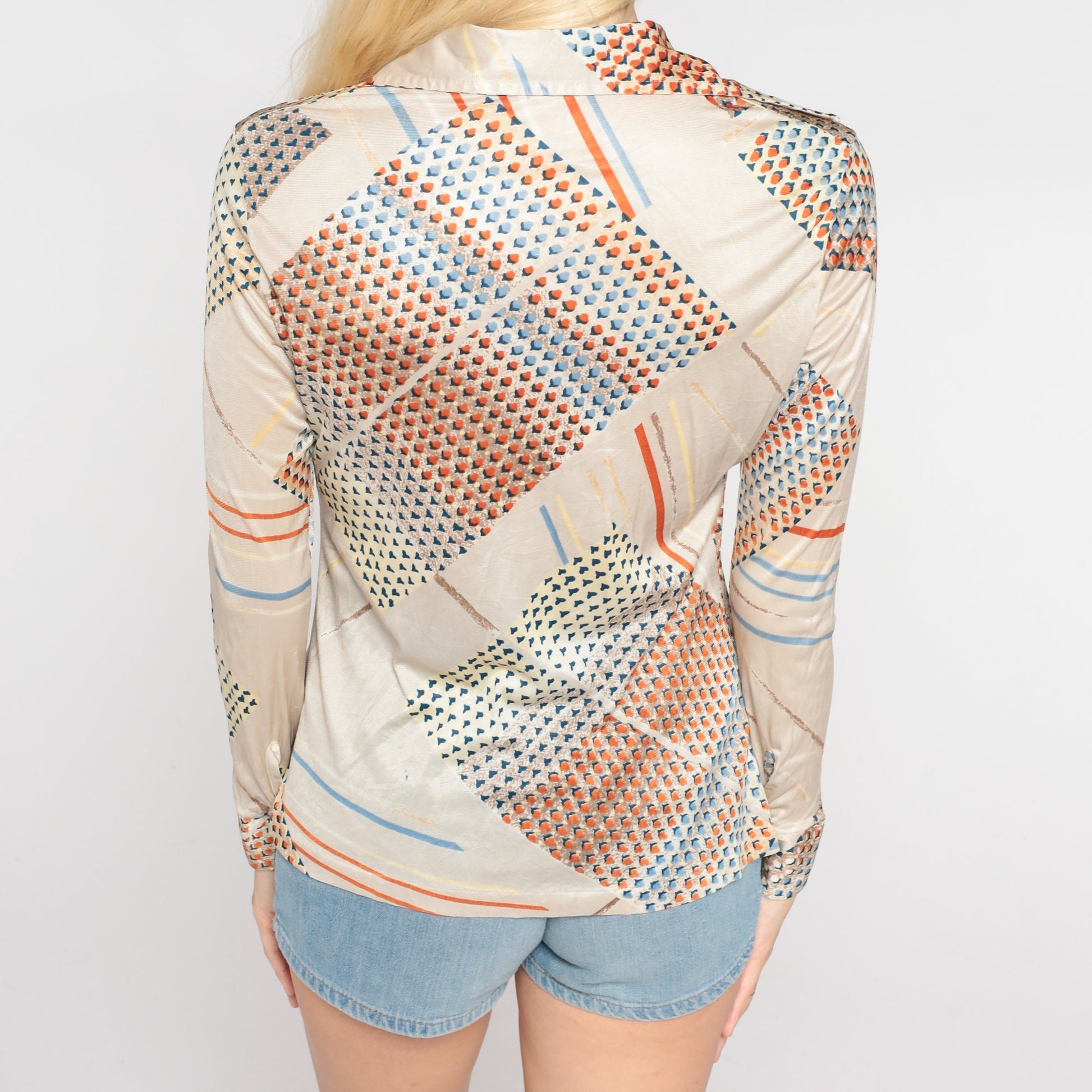 70s Abstract Dot Stripe Button Up Blouse Dagger Collar Beige Blue Orange Extra Small