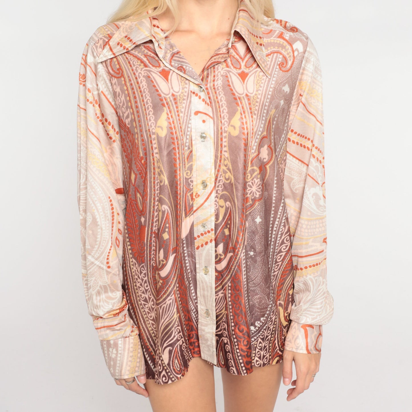 70s Paisley Floral Button Up Blouse Dagger Collar Long Sleeve Orange Large L