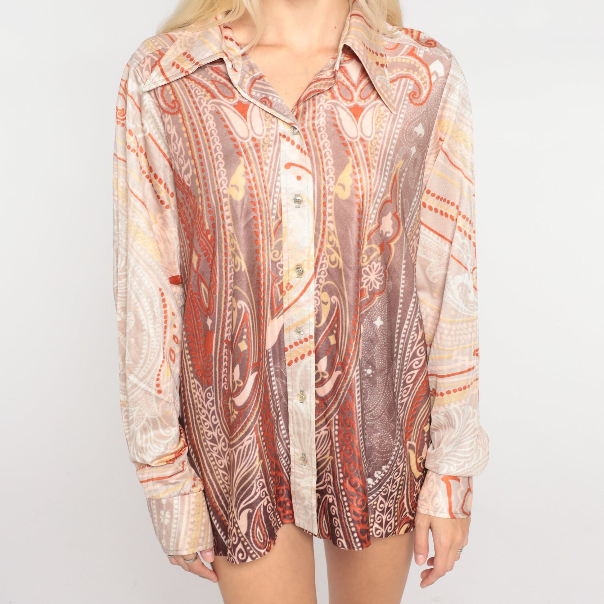 70s Paisley Floral Button Up Blouse Dagger Collar Long Sleeve Orange Large L