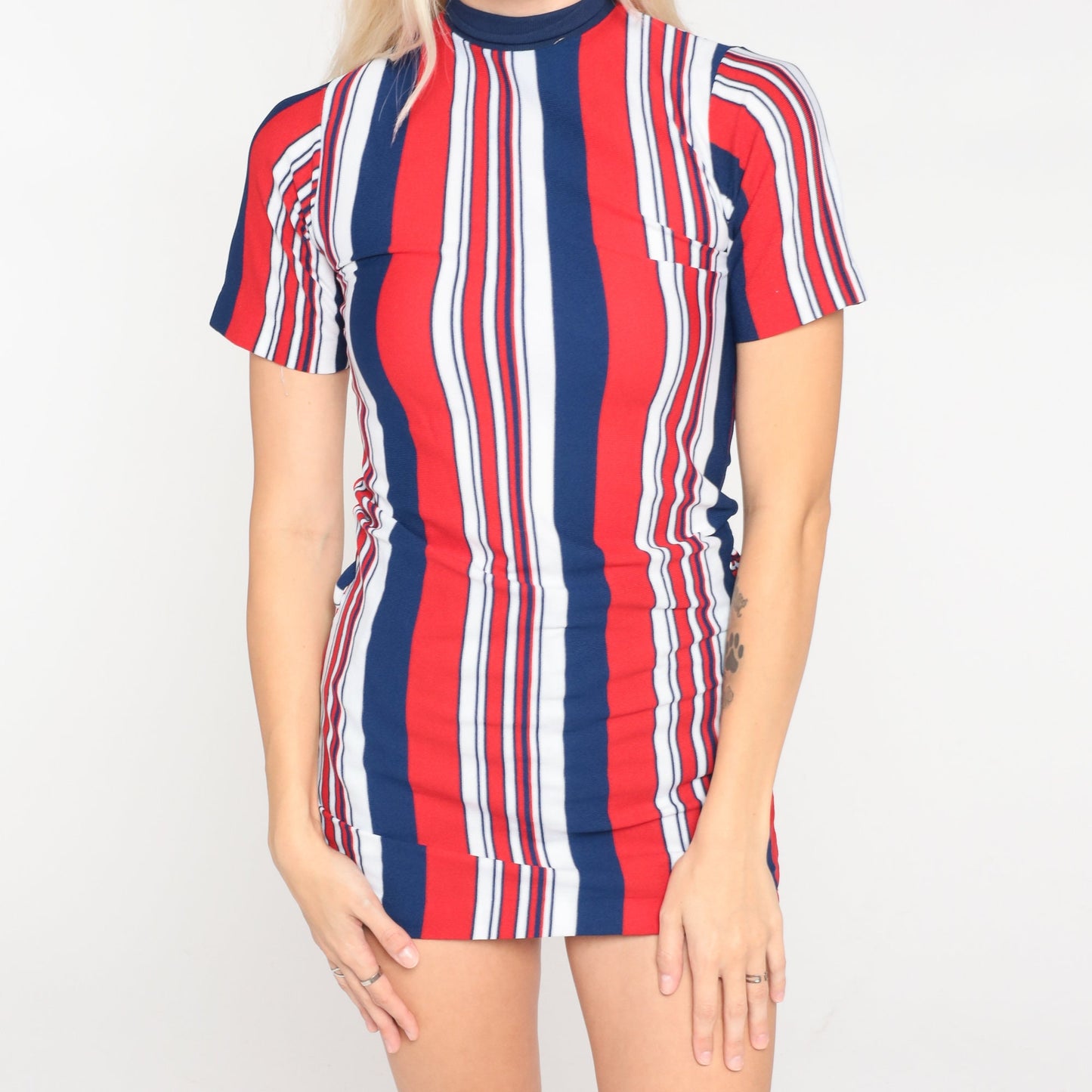 70s Striped Mock Neck Blouse Red White Blue Short Sleeve XXS
