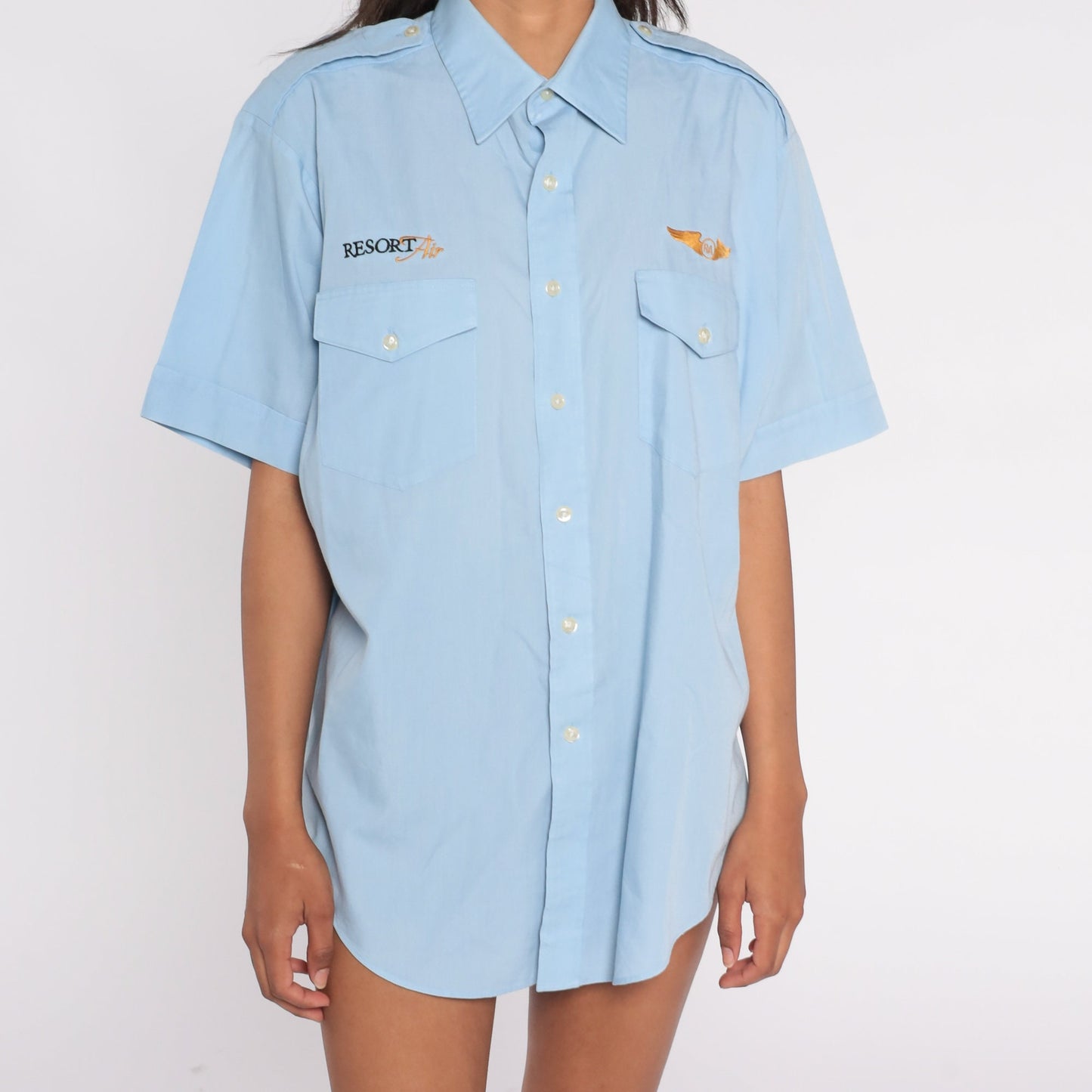 80s Van Heusen Resort Air Pilot Shirt Baby Blue Button Up Large