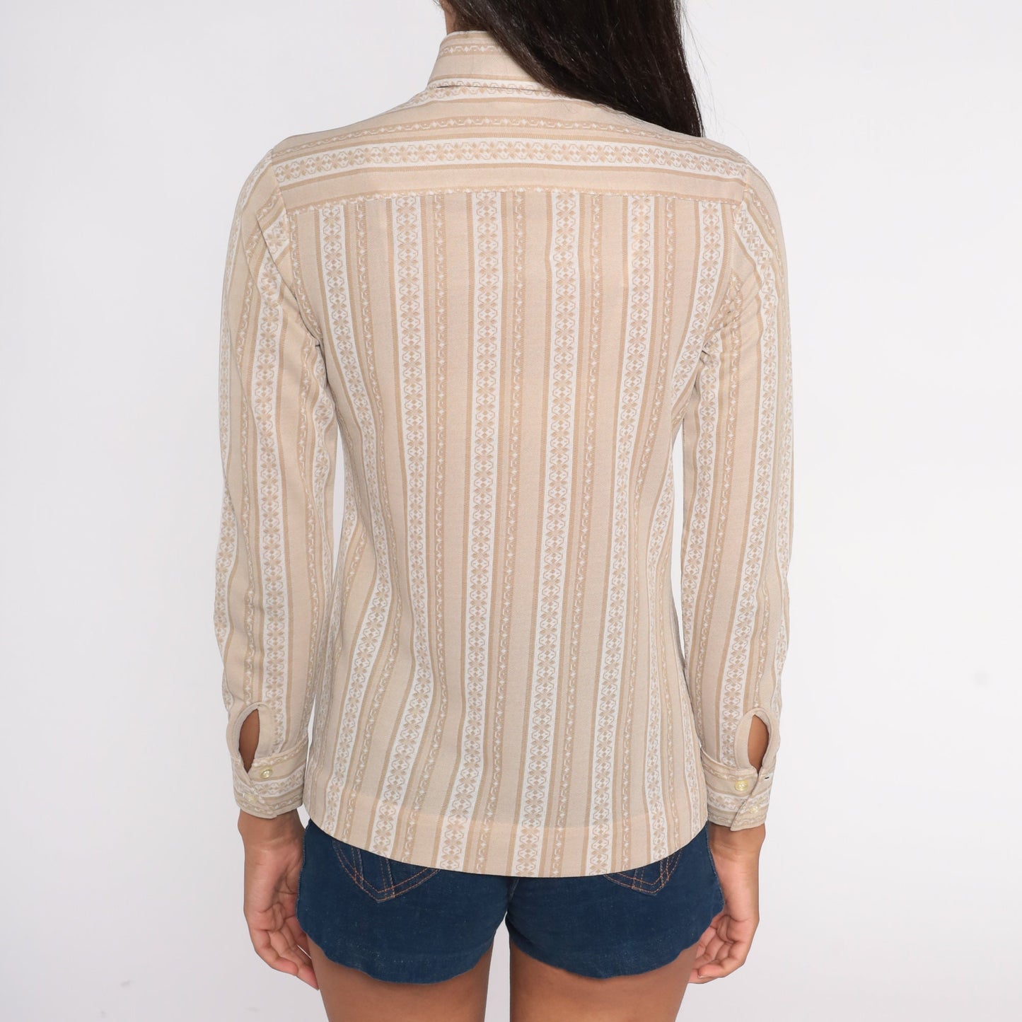 70s Striped Floral Ribbon Print Button-Up Blouse Dagger Collar Tan Small