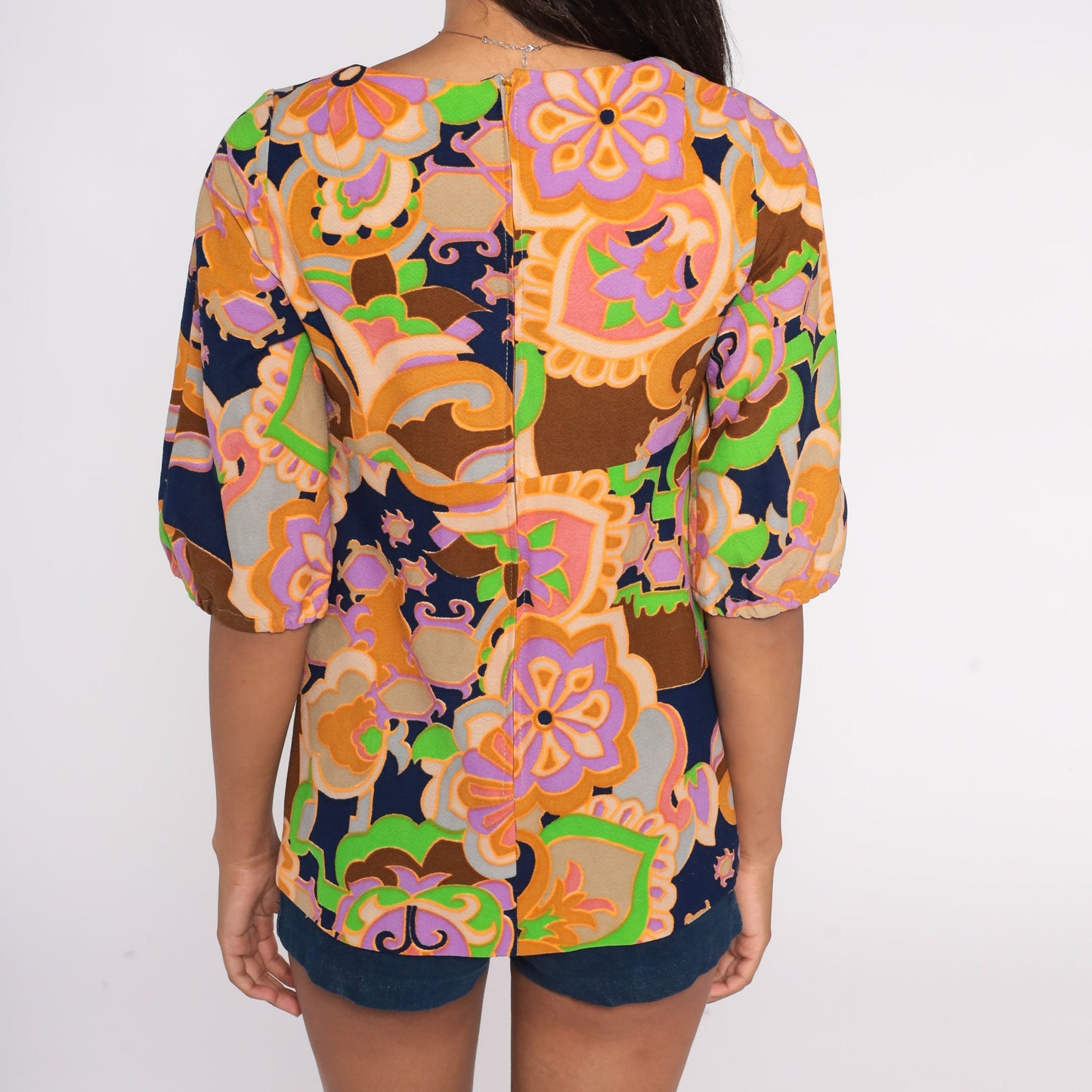 70s Floral Blouse Half-Sleeve Empire Waist Brown Psychedelic Shirt XS