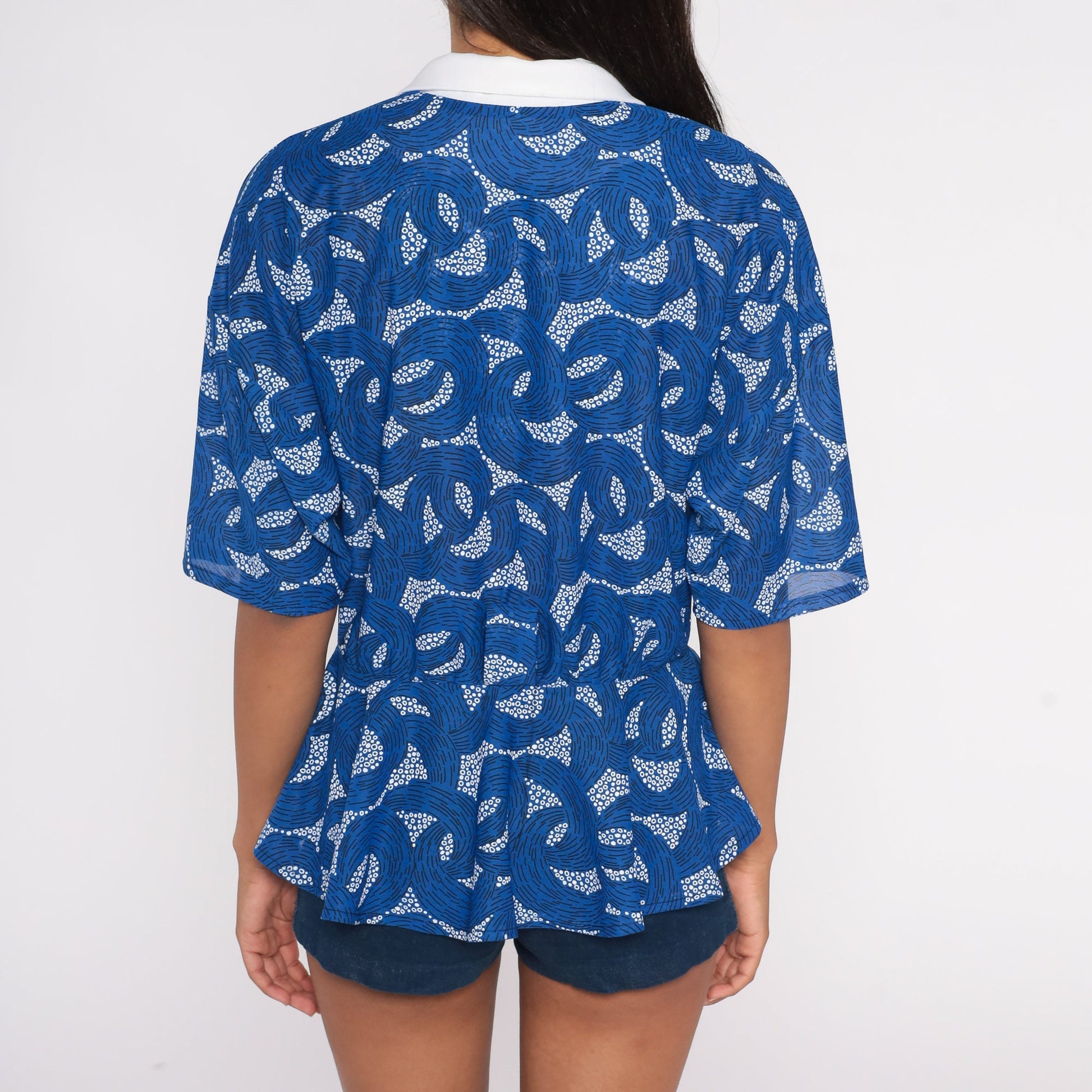80s Blue Abstract Dot Wave Blouse Contrast Collar Peplum Wrap Shirt Large