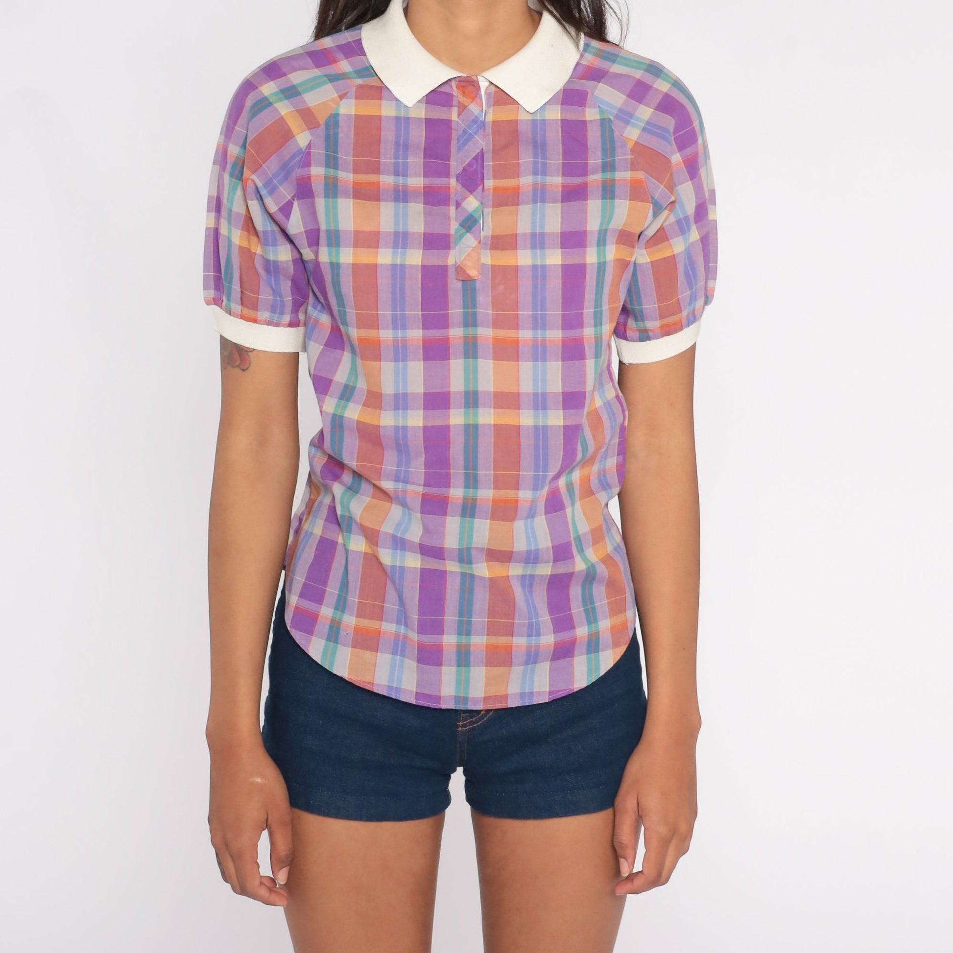 80s Plaid Button-Up Blouse Purple Orange Green Contrast Collar Short Sleeve Small