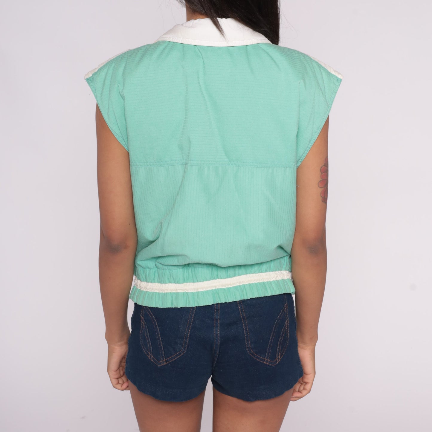 80s Mint Green Ski Puffer Vest Snap Front Drawstring Medium
