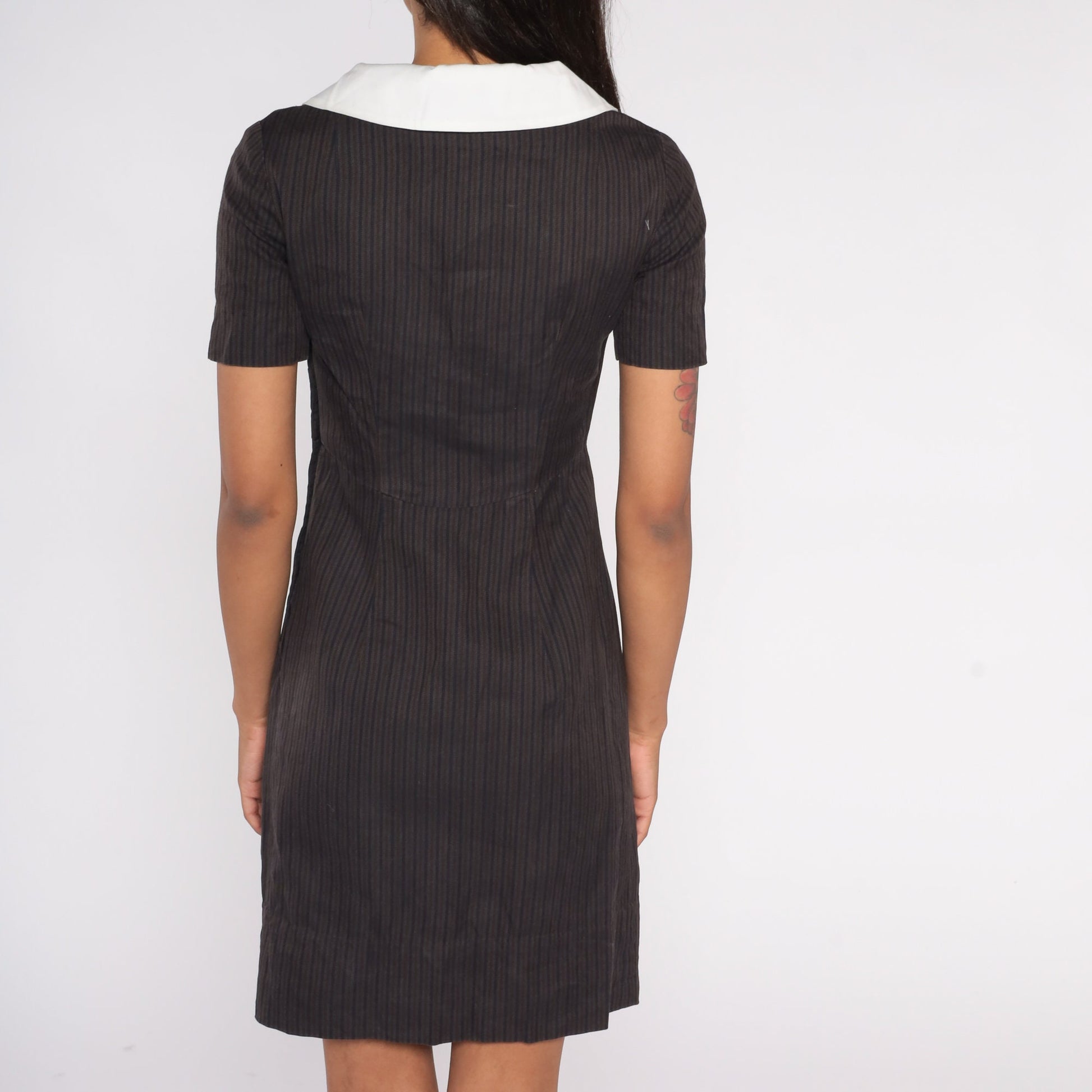 1940s Striped Sheath Dress Black Brown White Collar Empire Waist Mini XS