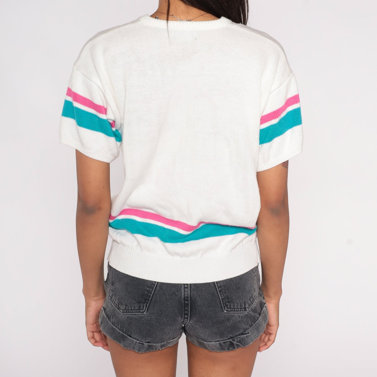 80s Sailboat Nautical Knit Sweater White Pink Blue Cutout Short Sleeve Small S