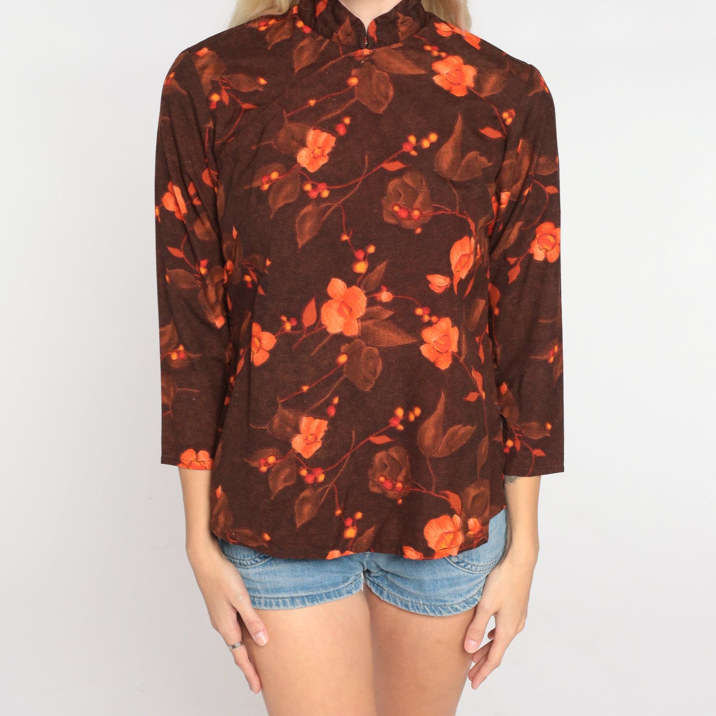 90s Floral Blouse Brown Orange Mandarin Collar 3/4 Sleeve Shirt Extra Small