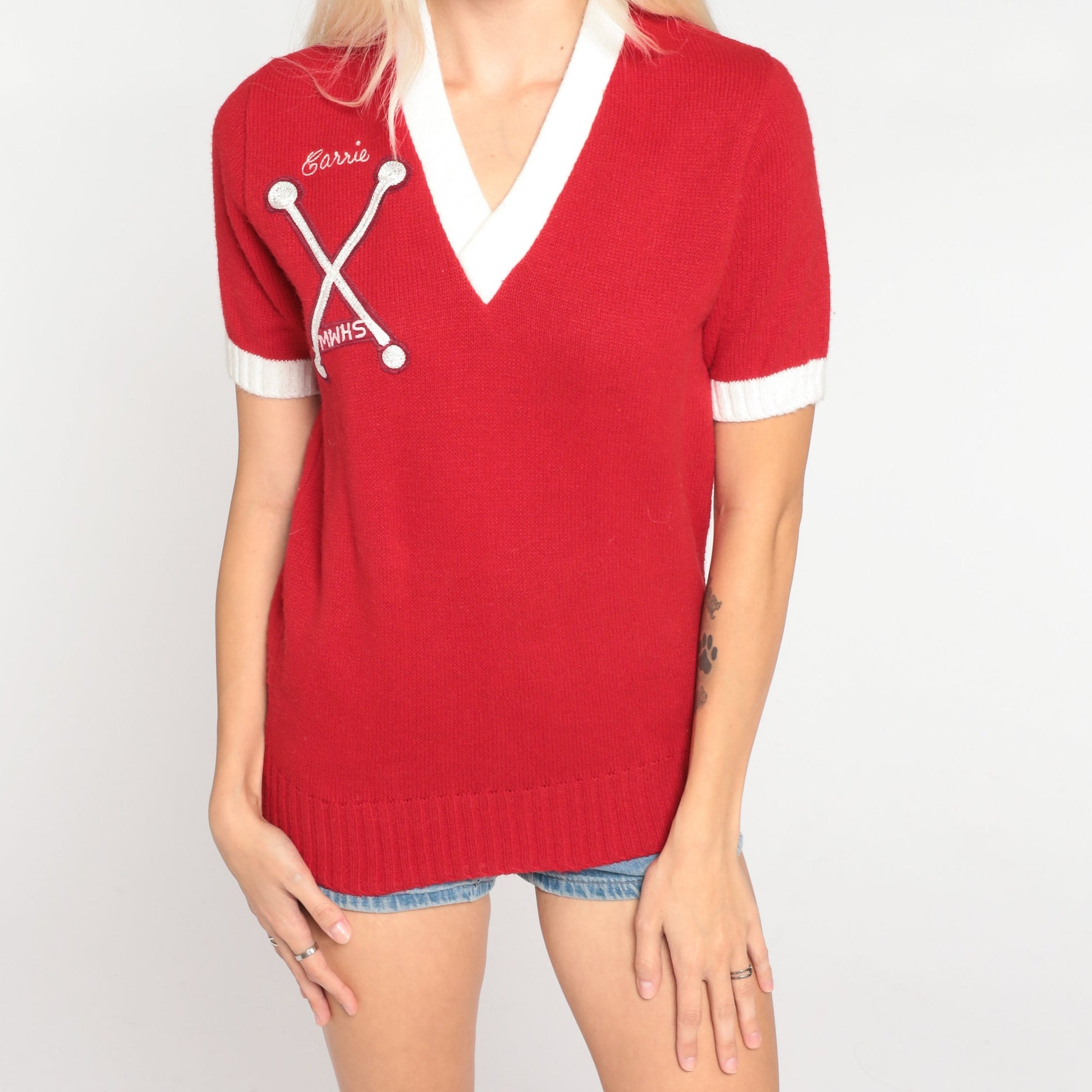 80s Cheerleader Supply Co. Red Knit V-Neck Baton Crest Carrie MWHS Small