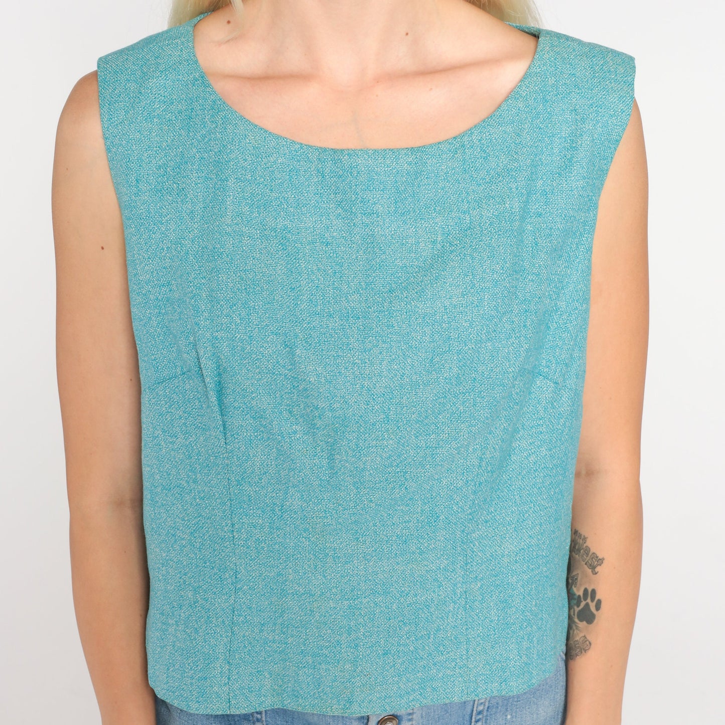 60s Blue Crop Top Sleeveless Blouse Button Back Tank Medium