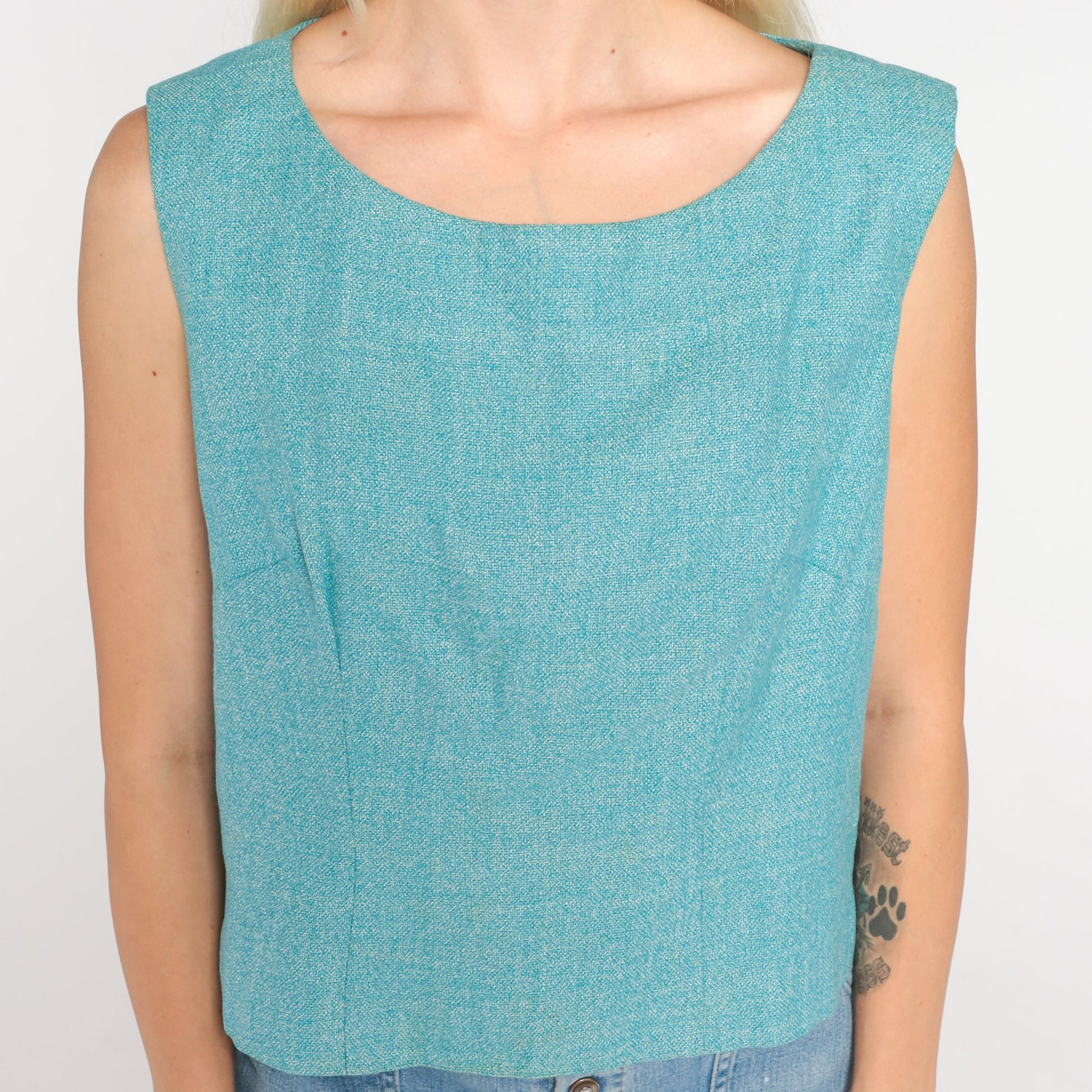 60s Blue Crop Top Sleeveless Blouse Button Back Tank Medium