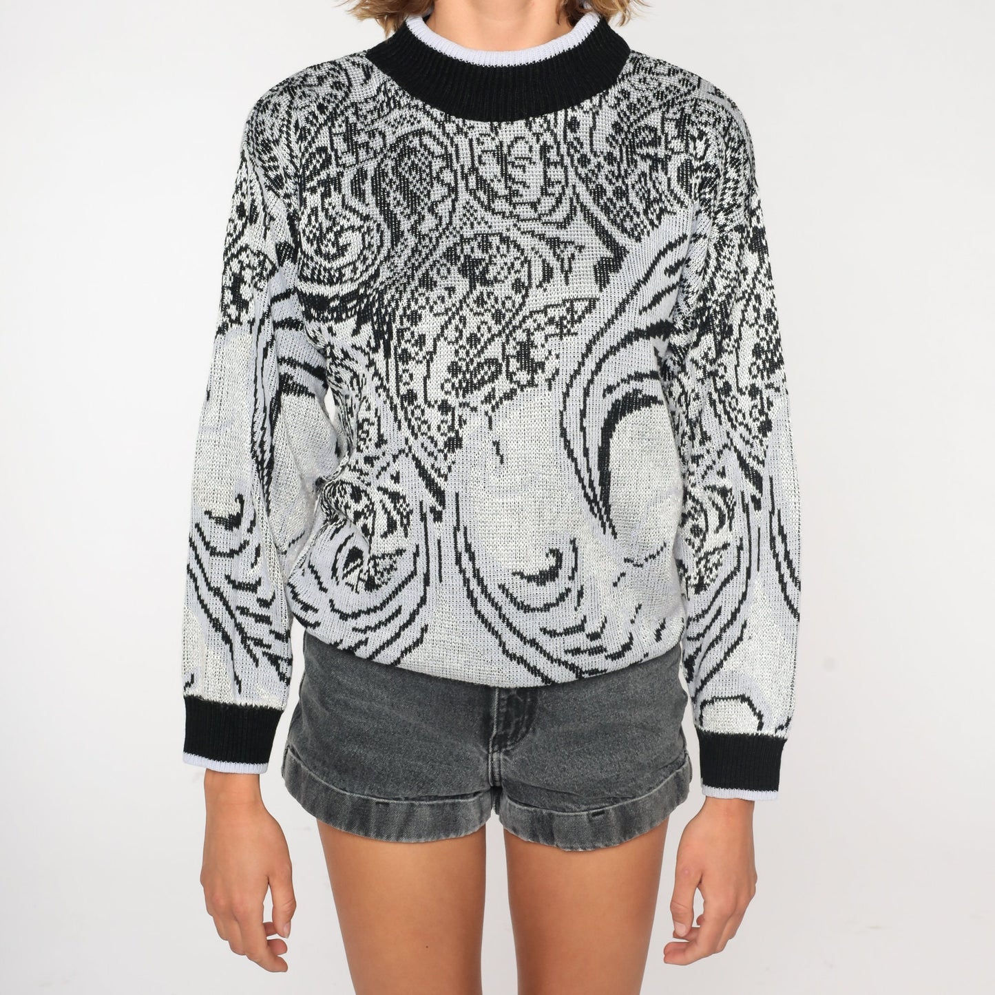 80s Grey Paisley Mock Neck Sweater Knit Pullover Medium M