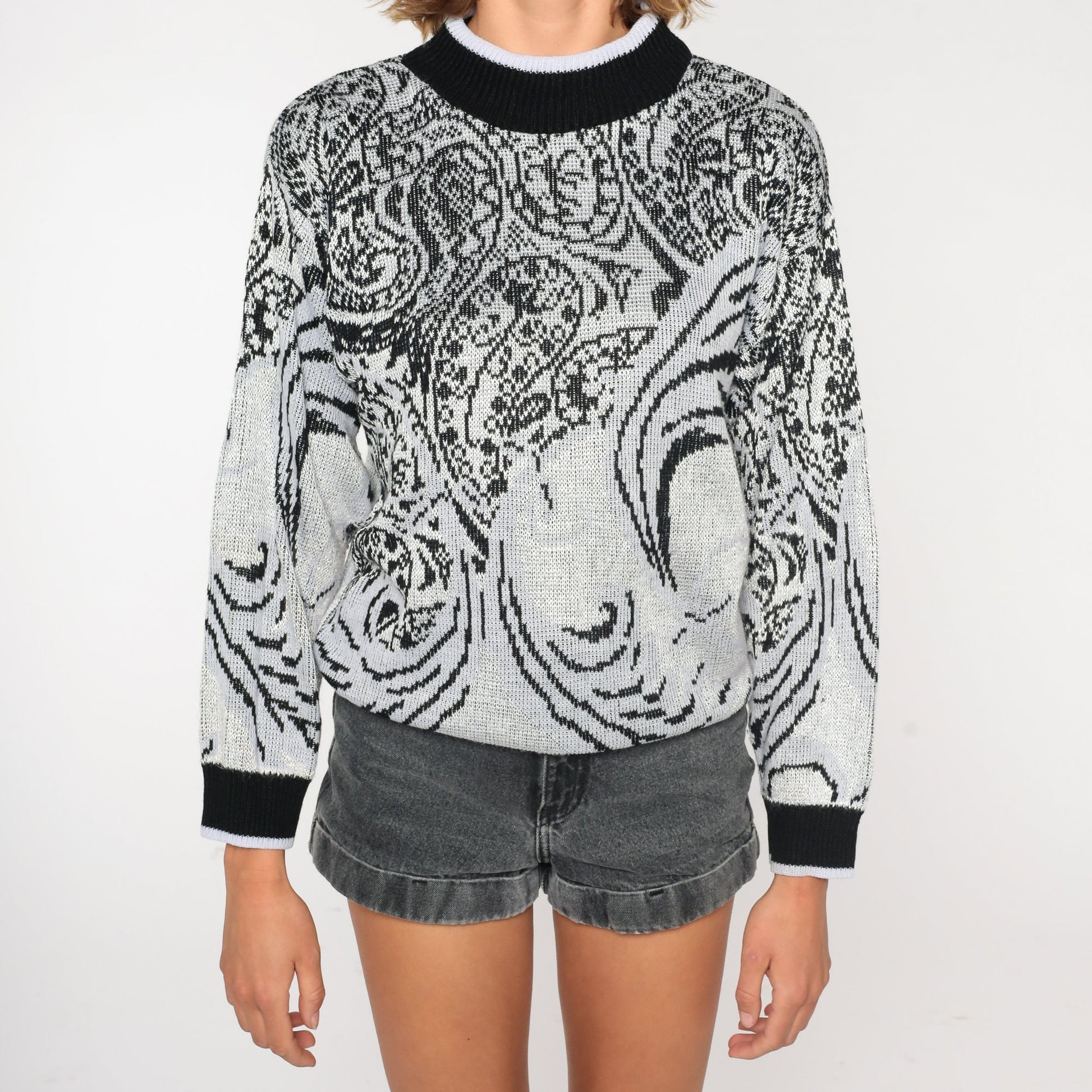 80s Grey Paisley Mock Neck Sweater Knit Pullover Medium M