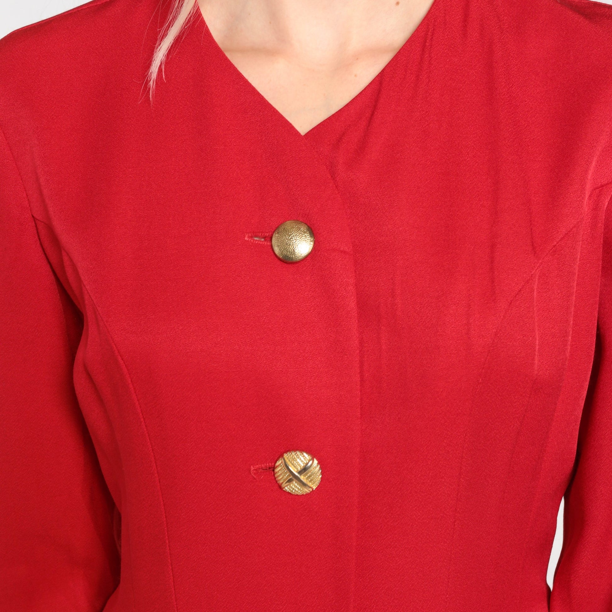 80s Red Button-Up Mini Dress Long Sleeve Pencil Cut Small S