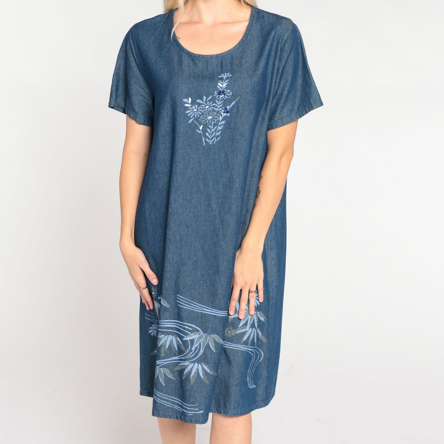 90s Floral Denim Shift Dress Blue Sequin Beaded Short Sleeve Medium M