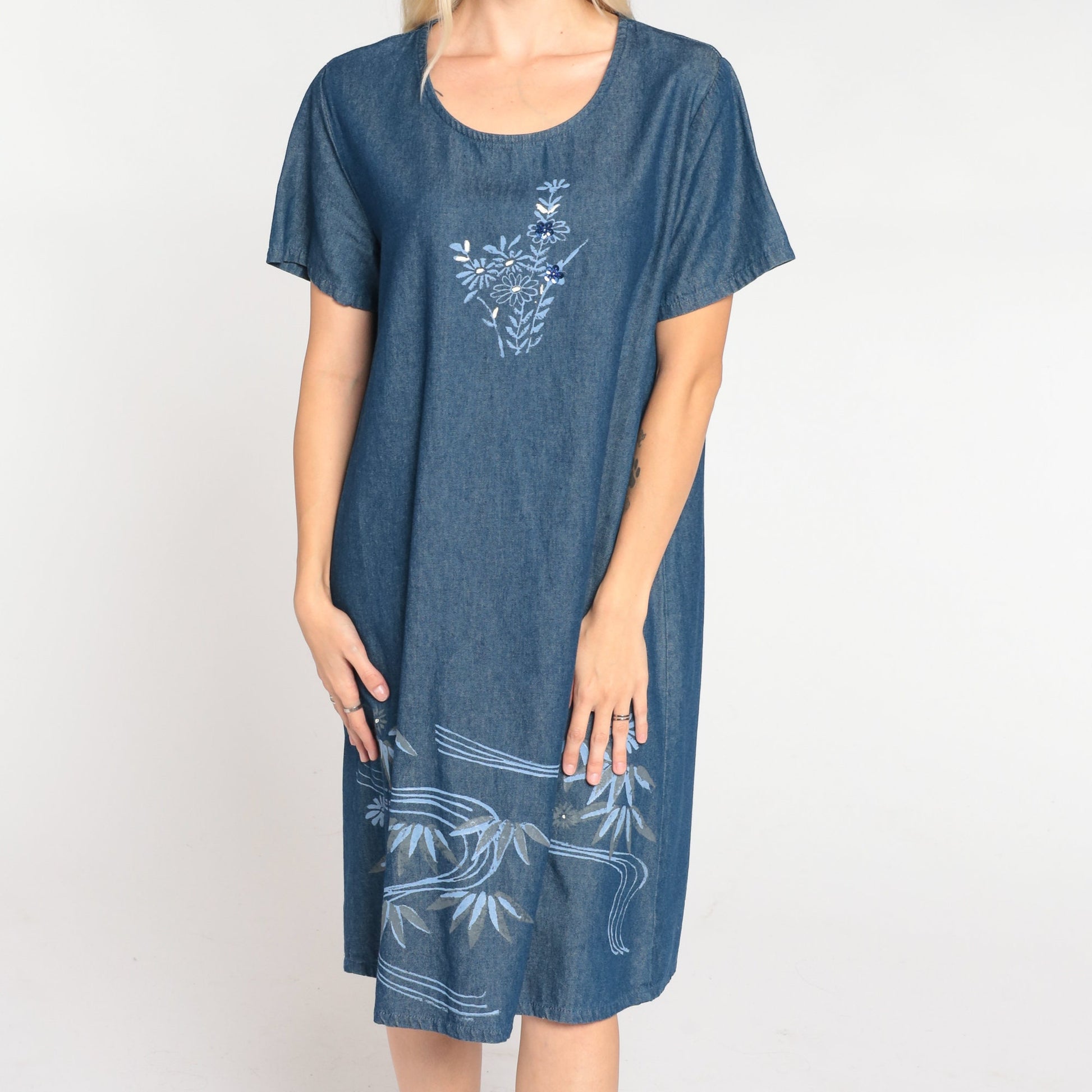 90s Floral Denim Shift Dress Blue Sequin Beaded Short Sleeve Medium M