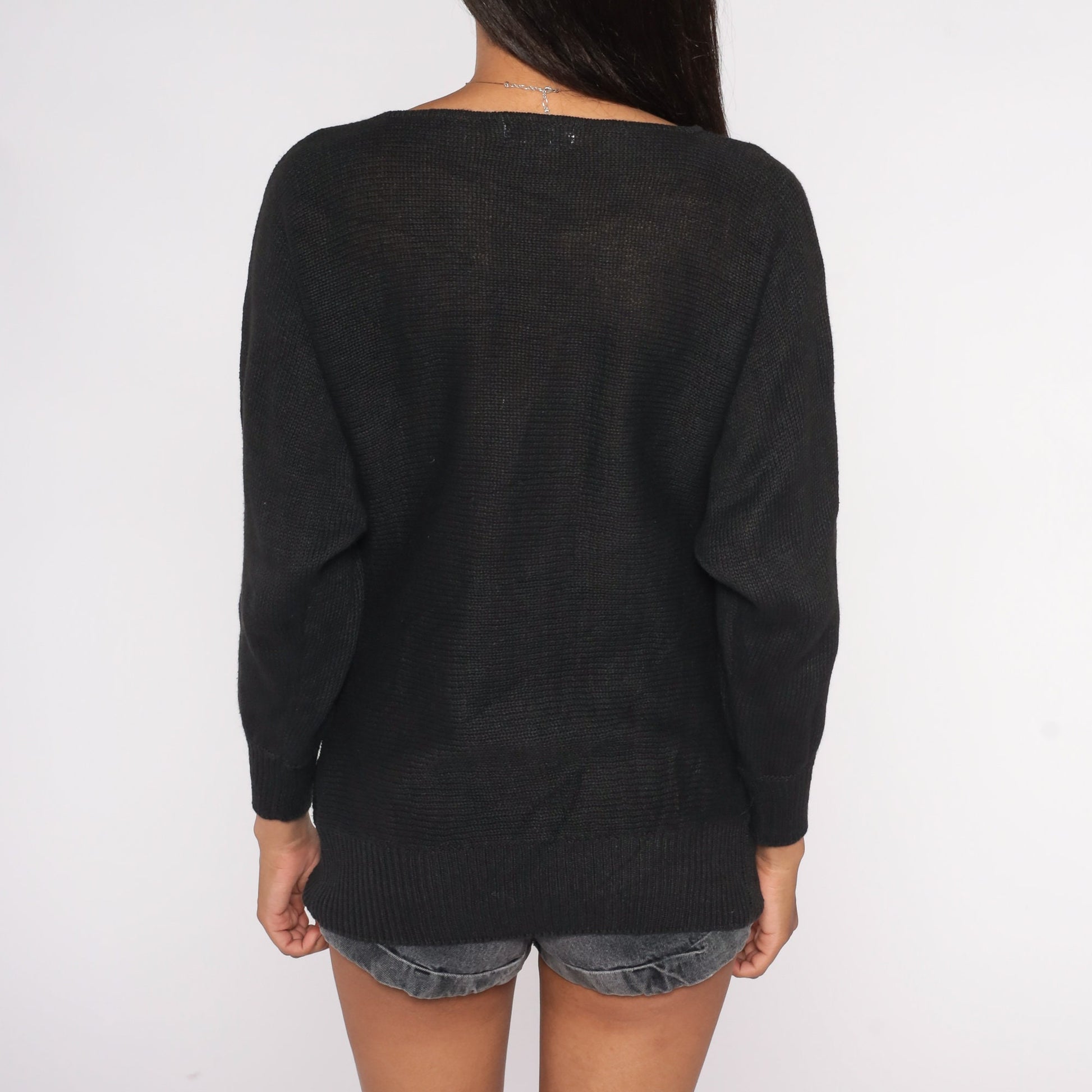 90s Black Sequin Floral Knit Sweater Dolman Sleeve Cotton Ramie Large L