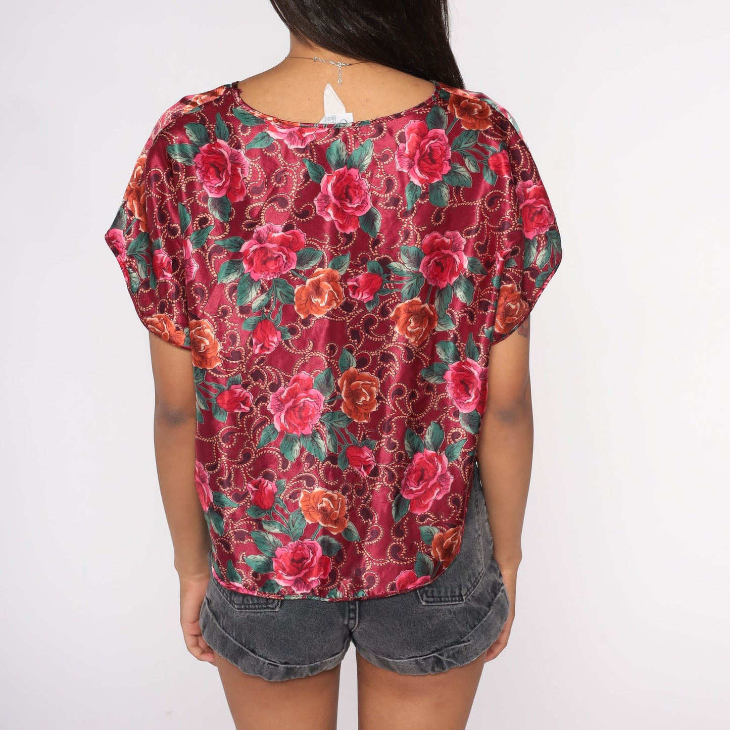 90s Red Floral Shiny Blouse Short Sleeve Scoop Neck Small