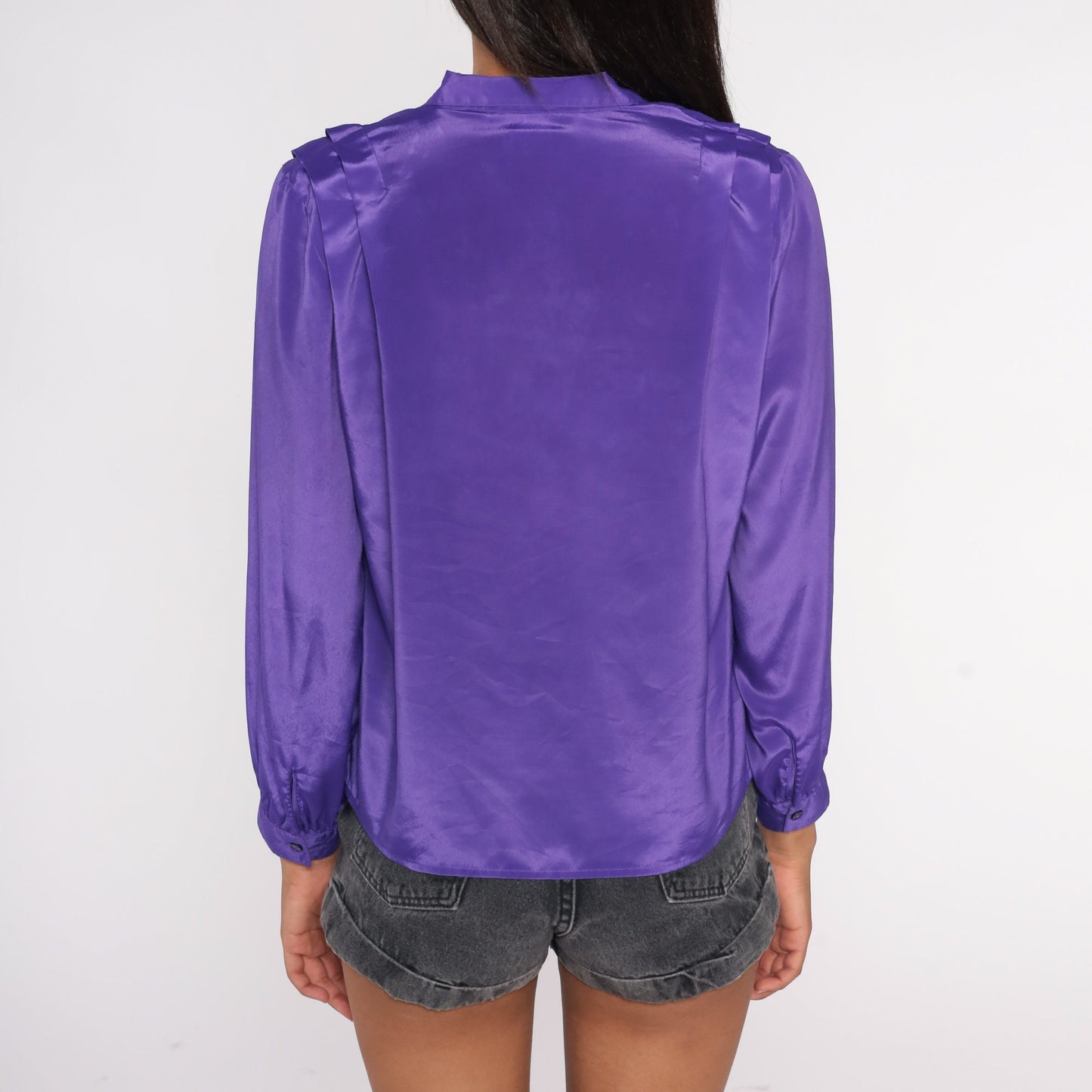 90s Purple Pleated Collar Blouse Long Sleeve Button Up Medium Petite