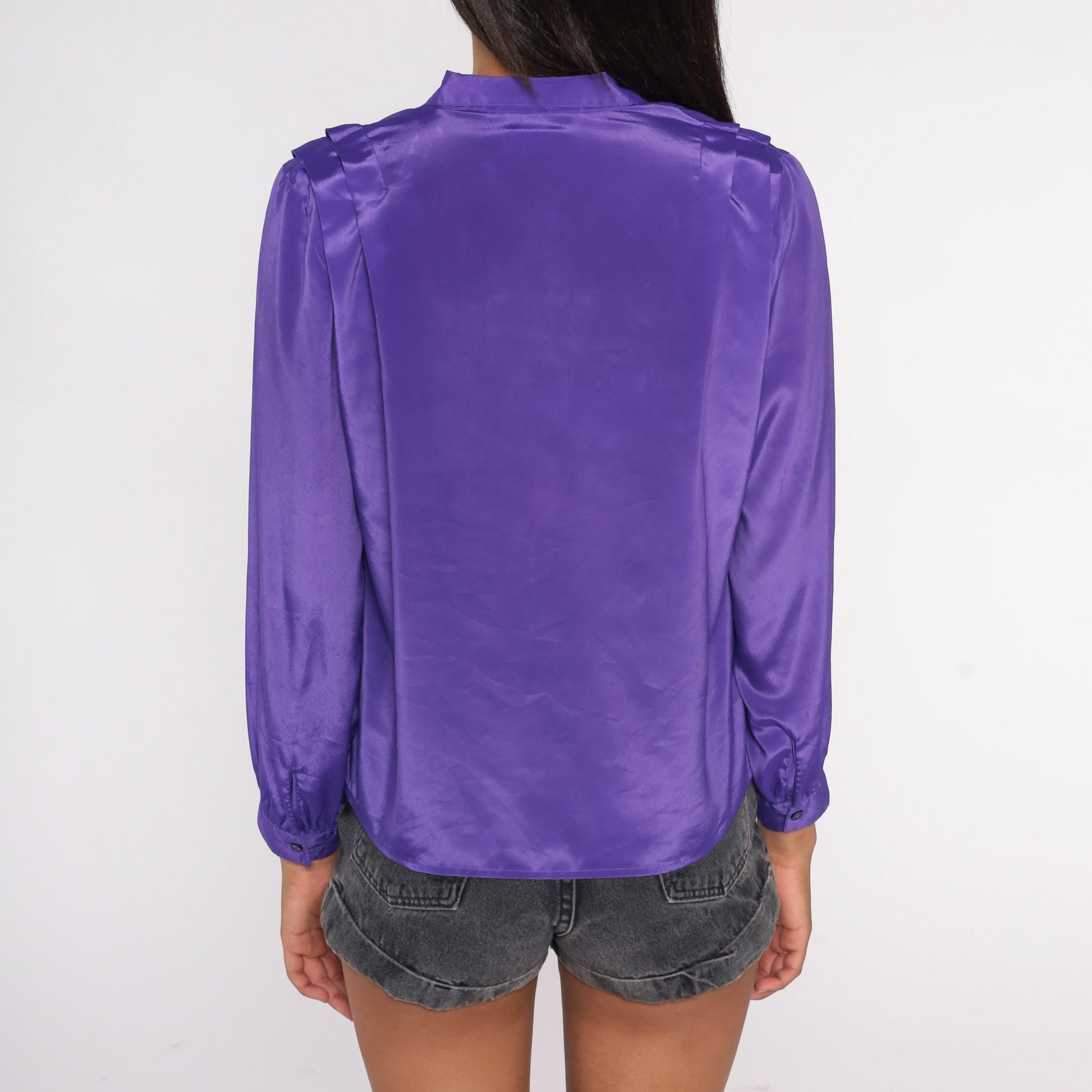 90s Purple Pleated Collar Blouse Long Sleeve Button Up Medium Petite