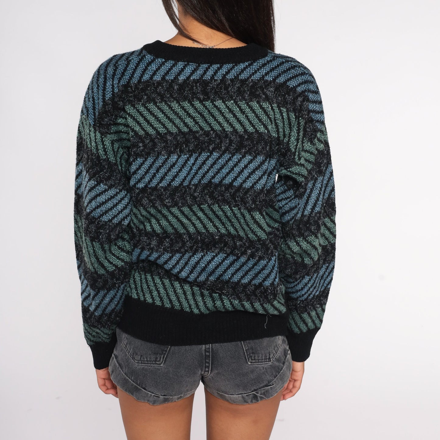 90s Striped Cardigan Wool Blend Knit Sweater Black Blue Green Medium M