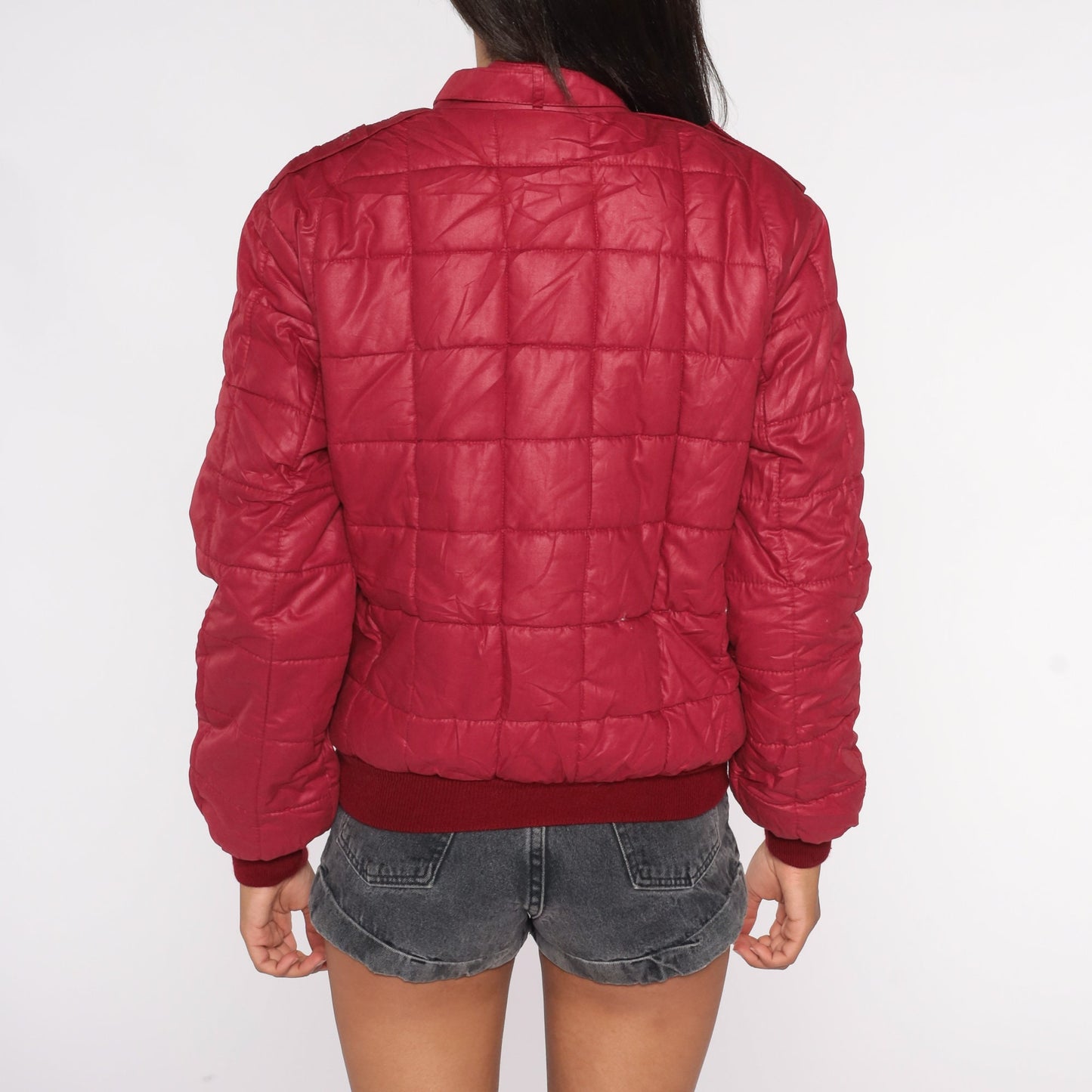 80s Burgundy Quilted Puffer Ski Jacket Zip Up Insulated Small