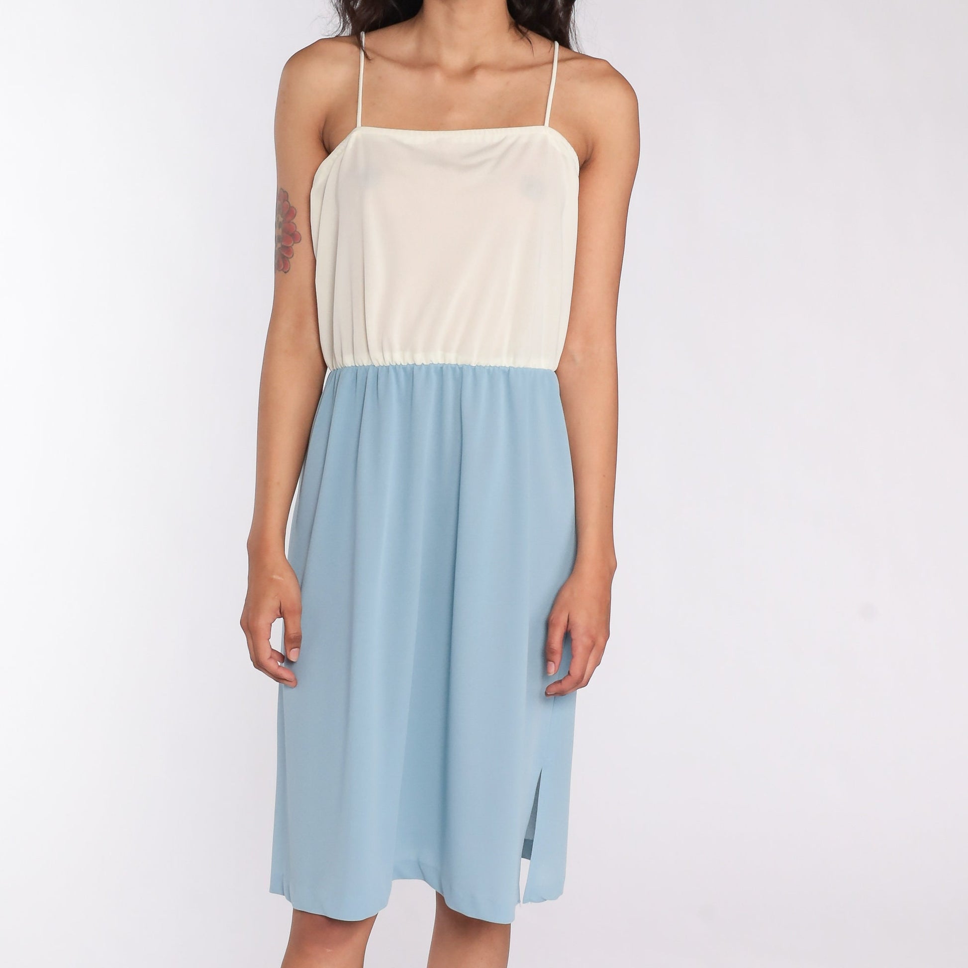 70s Cream Blue Color Block Spaghetti Strap Midi Dress High Waist Medium