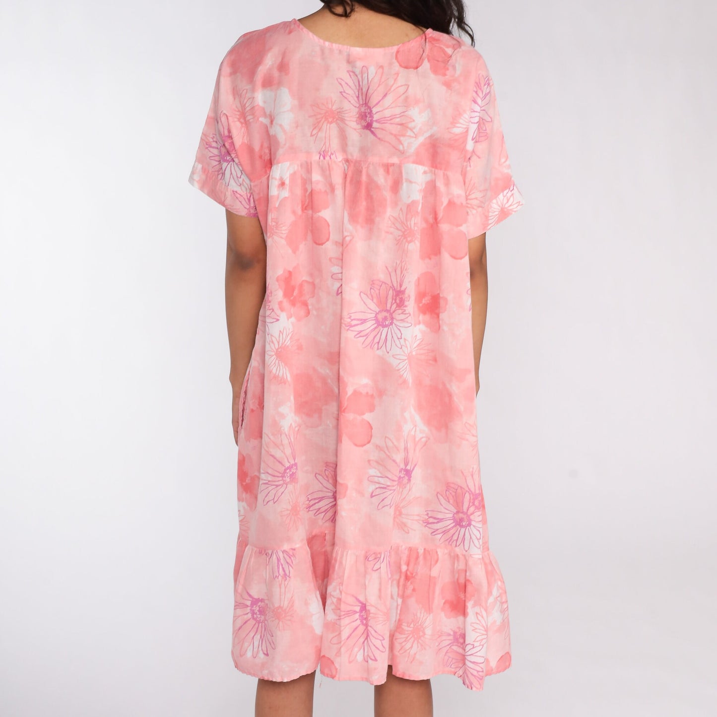 80s Floral Midi Dress Pink Tent Cut Short Sleeve Extra Large