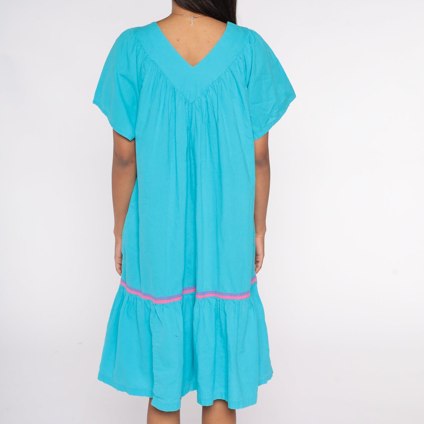90s Turquoise Cotton Midi Dress Pink Purple Trim Trapeze Tiered Medium M