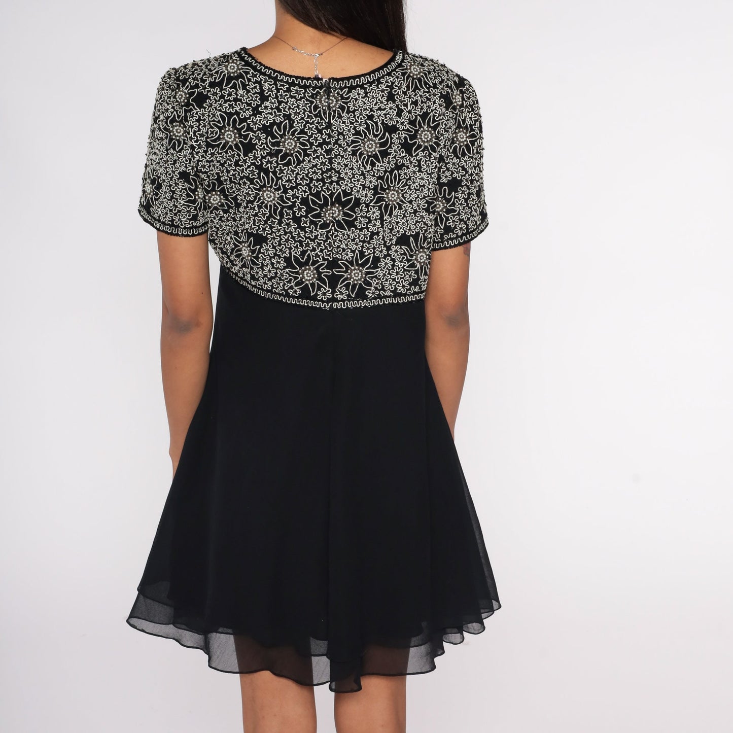 Y2K Black Floral Beaded Empire Waist Mini Dress Chiffon Short Sleeve Large L