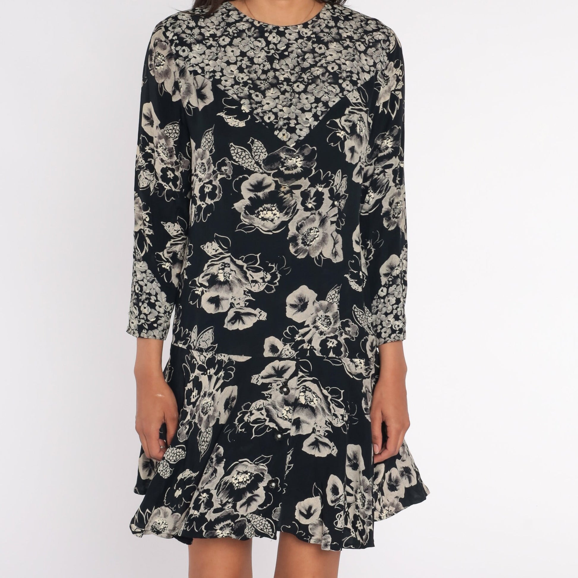 90s Black Floral Mini Dress Drop Waist Long Sleeve Ruffle Hem Small 6