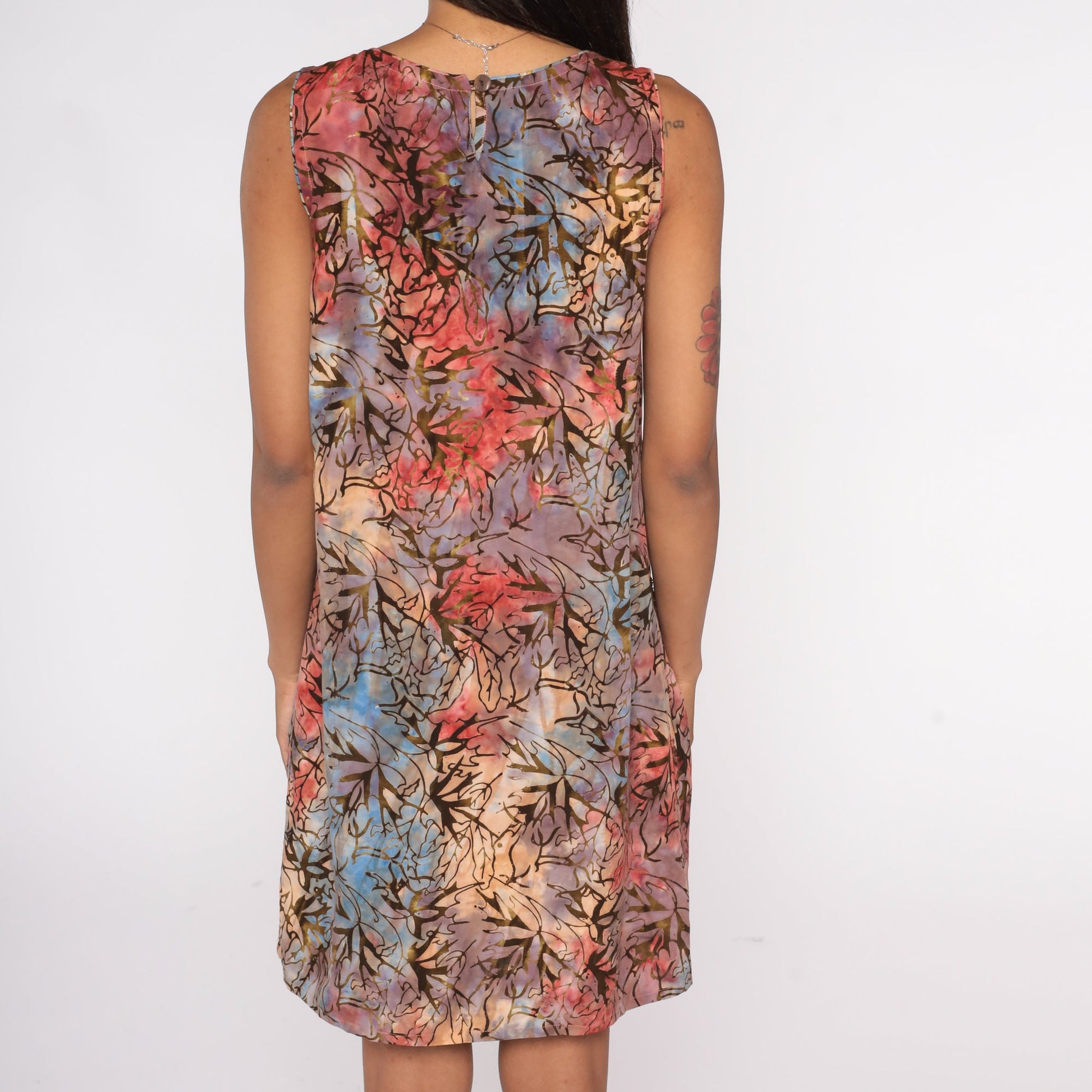 Y2K Tie Dye Leaf Print Mini Dress Sleeveless Pleated Bodice Pink Purple Blue Small S