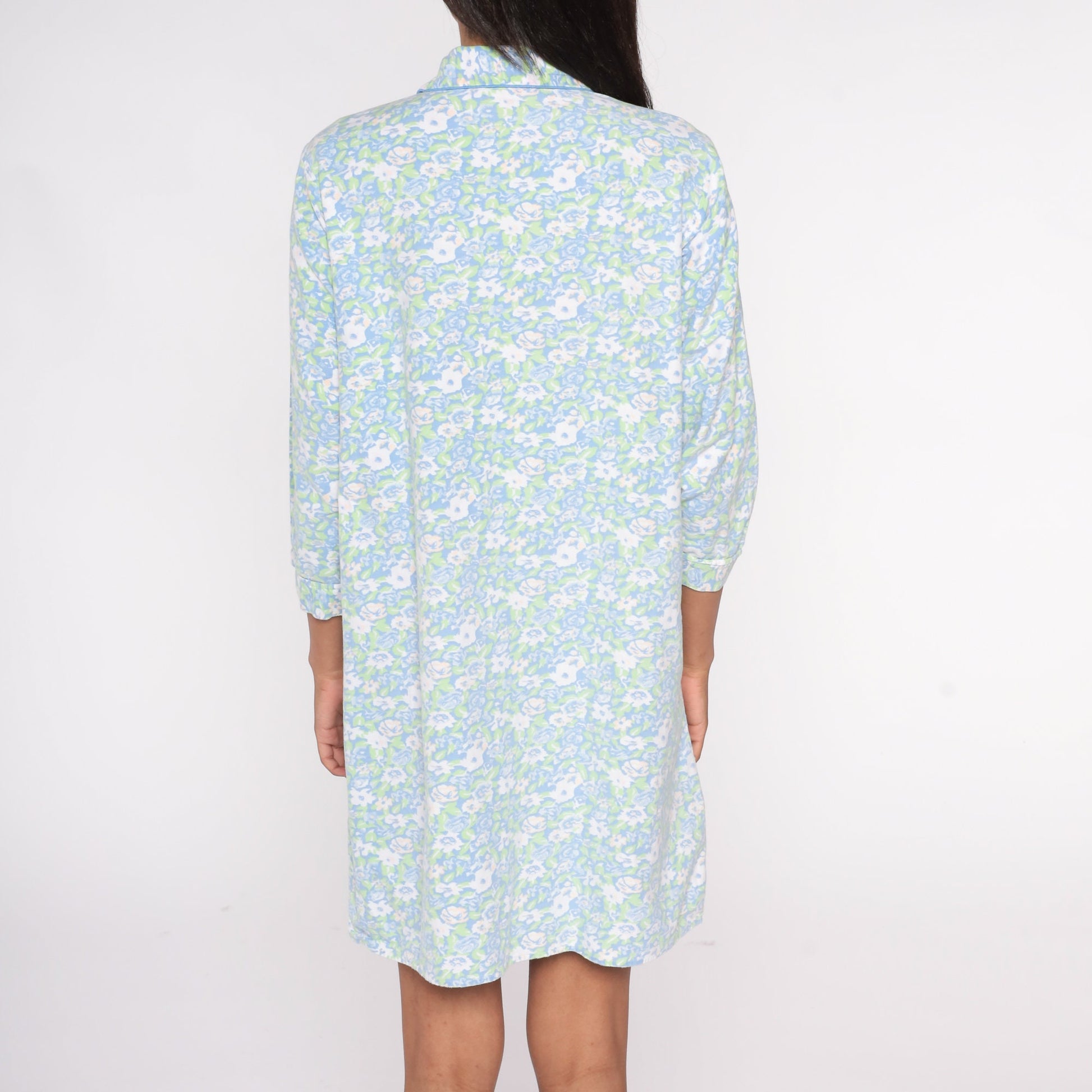 90s Blue Floral Mini Nightgown Peter Pan Collar Snap Front Medium