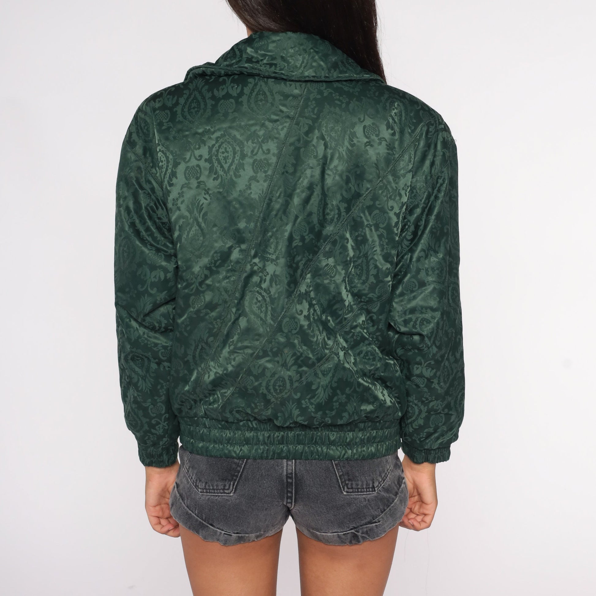 90s Brocade Floral Bomber Jacket Dark Green Embossed Zip Snap Medium