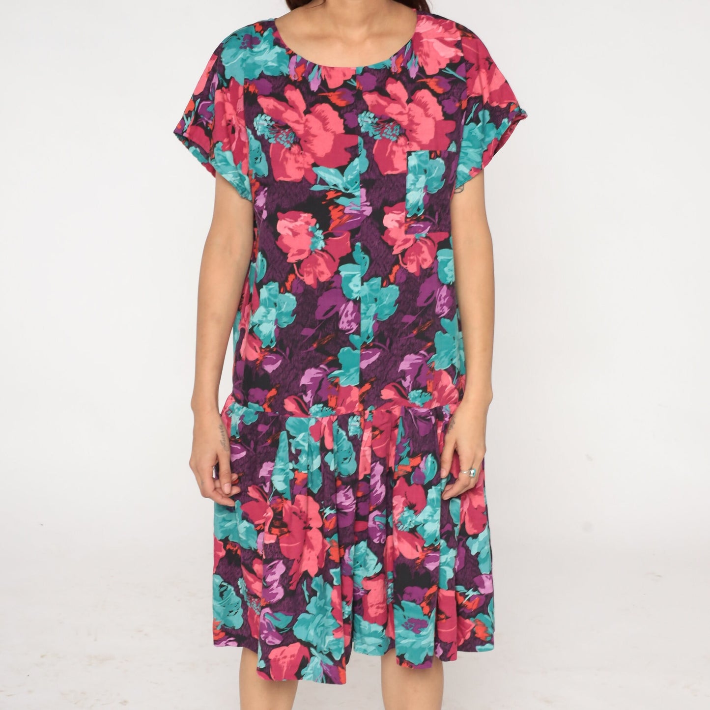 90s Floral Drop Waist Midi Dress Purple Multicolor Short Sleeve Medium