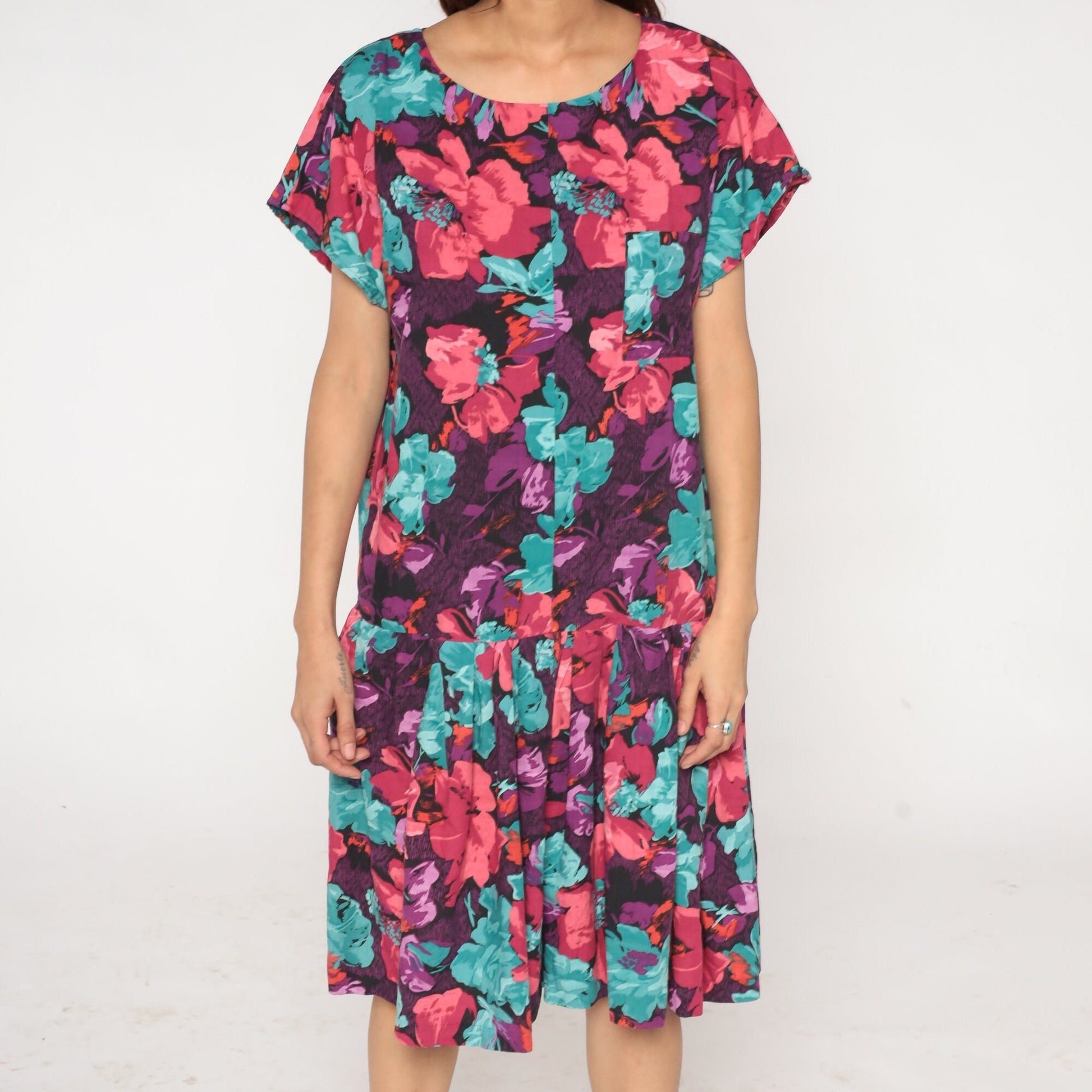 90s Floral Drop Waist Midi Dress Purple Multicolor Short Sleeve Medium